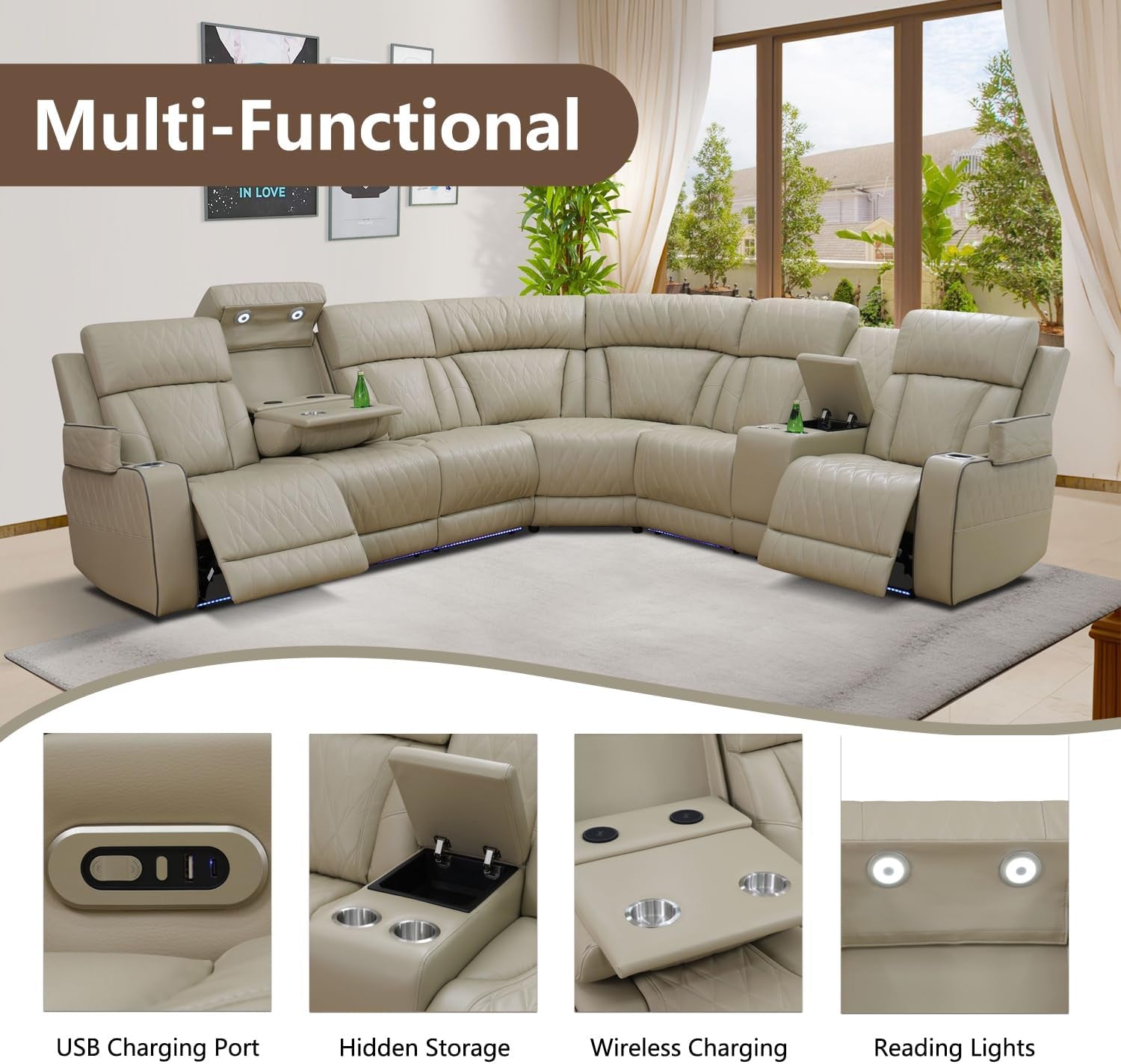 Beige Genuine Leather Power Recliner Sectional LED-4