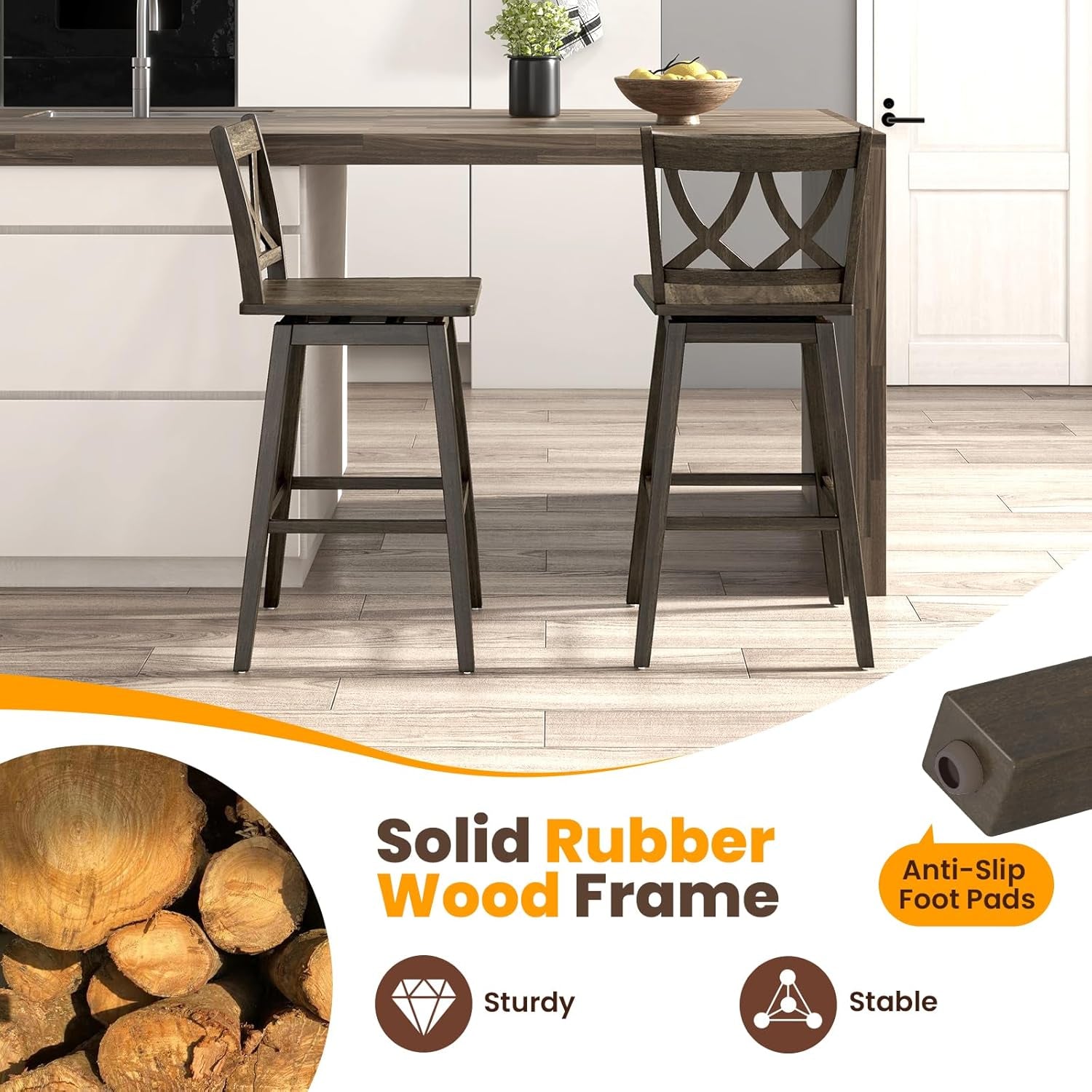 Swivel Wooden Bar Stools Set of Four Dark Grey