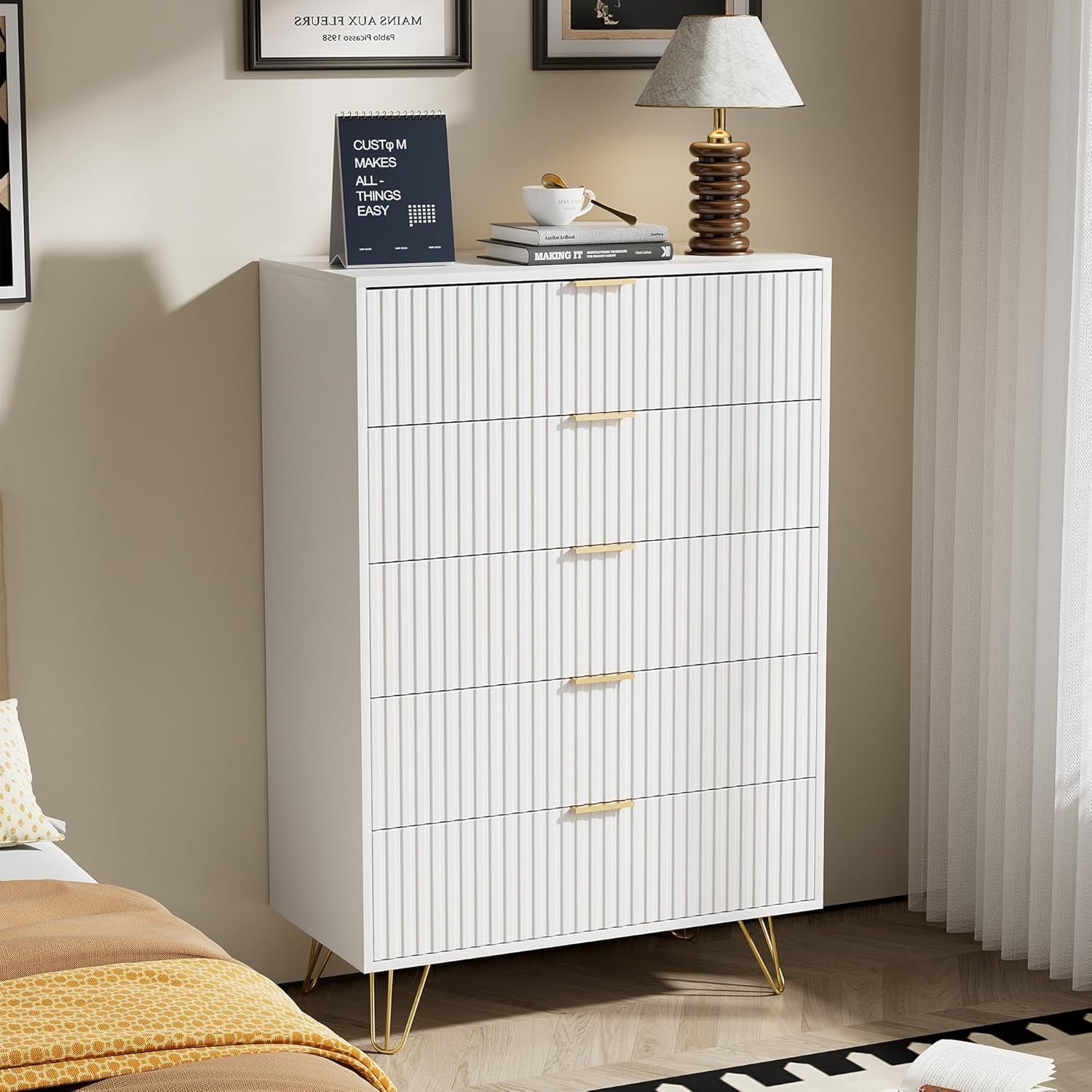 White Contemporary Fluted Dresser Featuring Gold Pulls-2