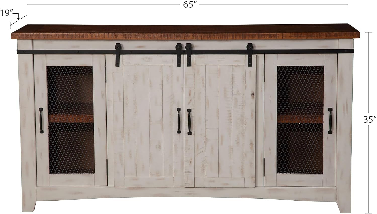 Rustic 65” Solid Wood TV Stand with Storage, White and Aged Distressed Pine-1