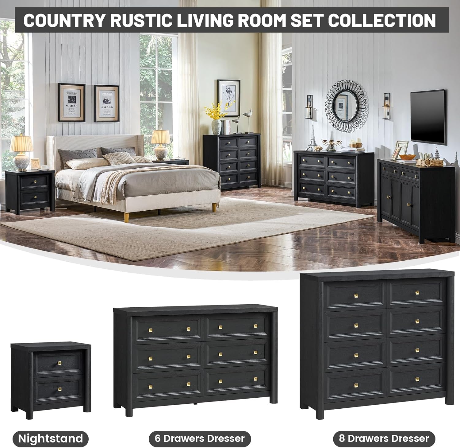 JetBlack SolidWood Farmhouse Dresser 52 Inch Drawer-2