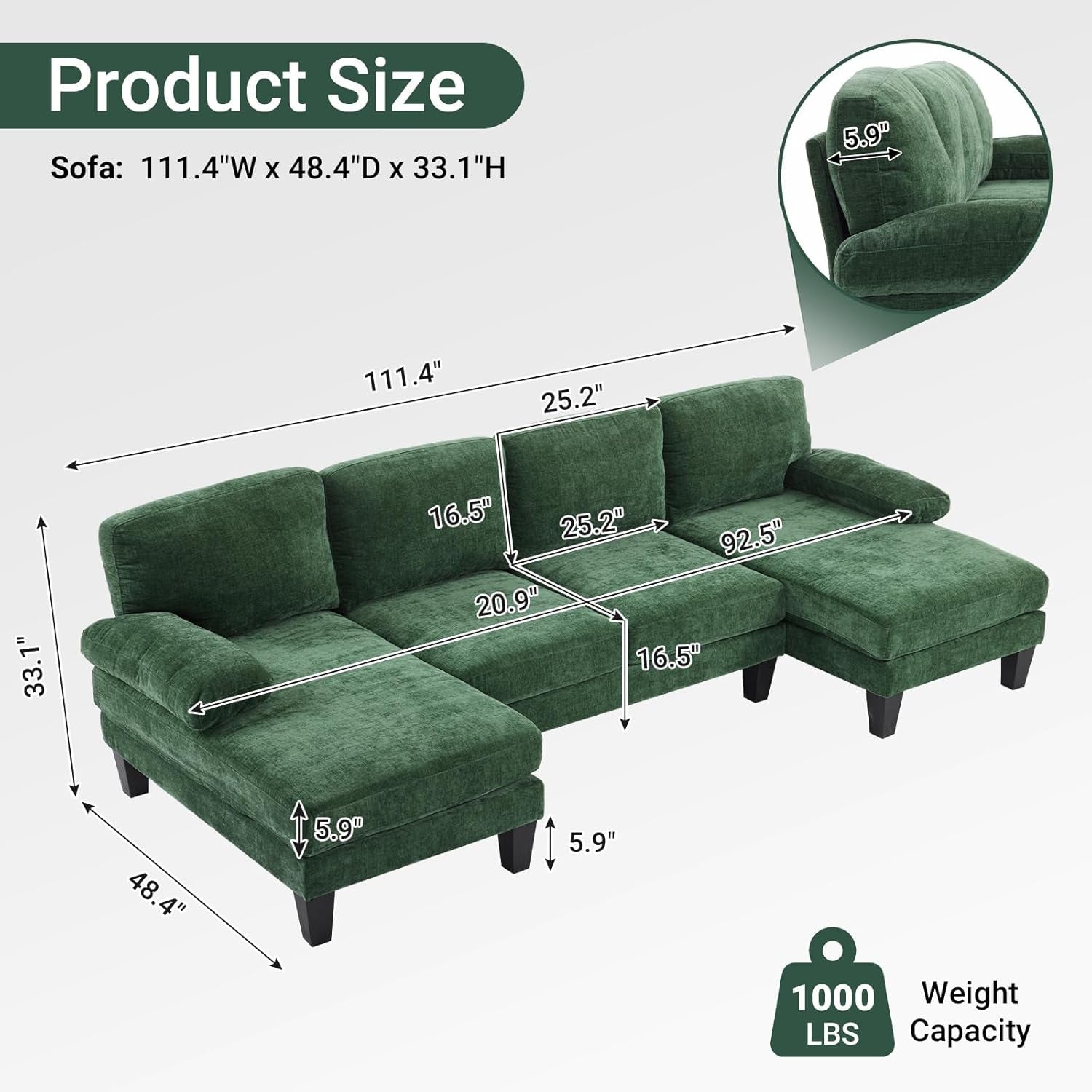 Forest Green 110 Inch U Shape Sectional Couch Double Chaise-1