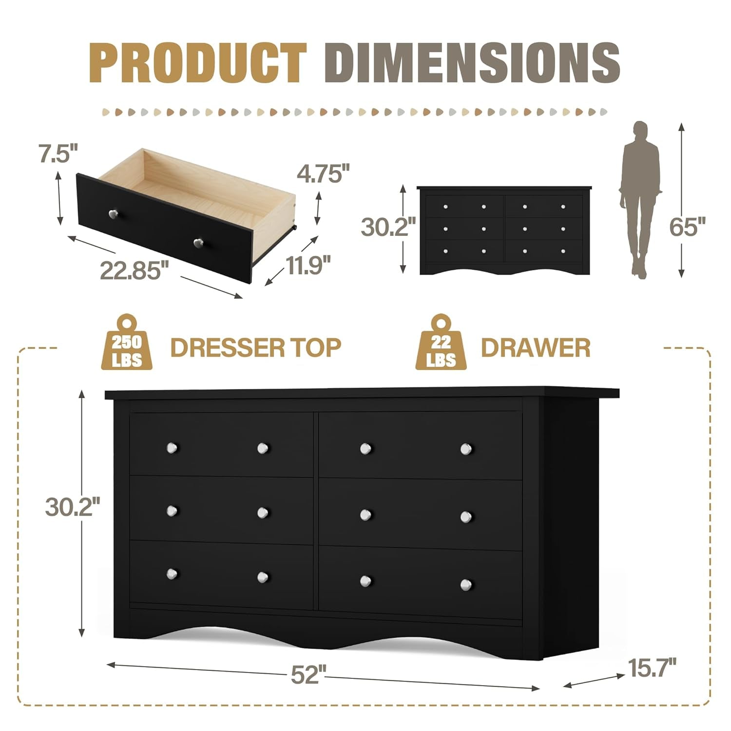 Glossy Black Six Drawer Dresser 52Inch Contemporary Storage-1