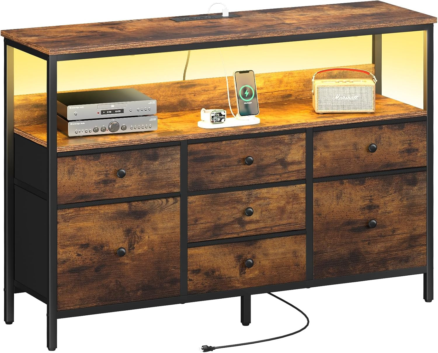 TV Stand Dresser for Bedroom, 7 Fabric Drawers Entertainment Center, LED Dressers with Power Outlets, TV Stands for Living Room with Storage Shelf, TV Console Entertainment Stand up to 50" TV-0