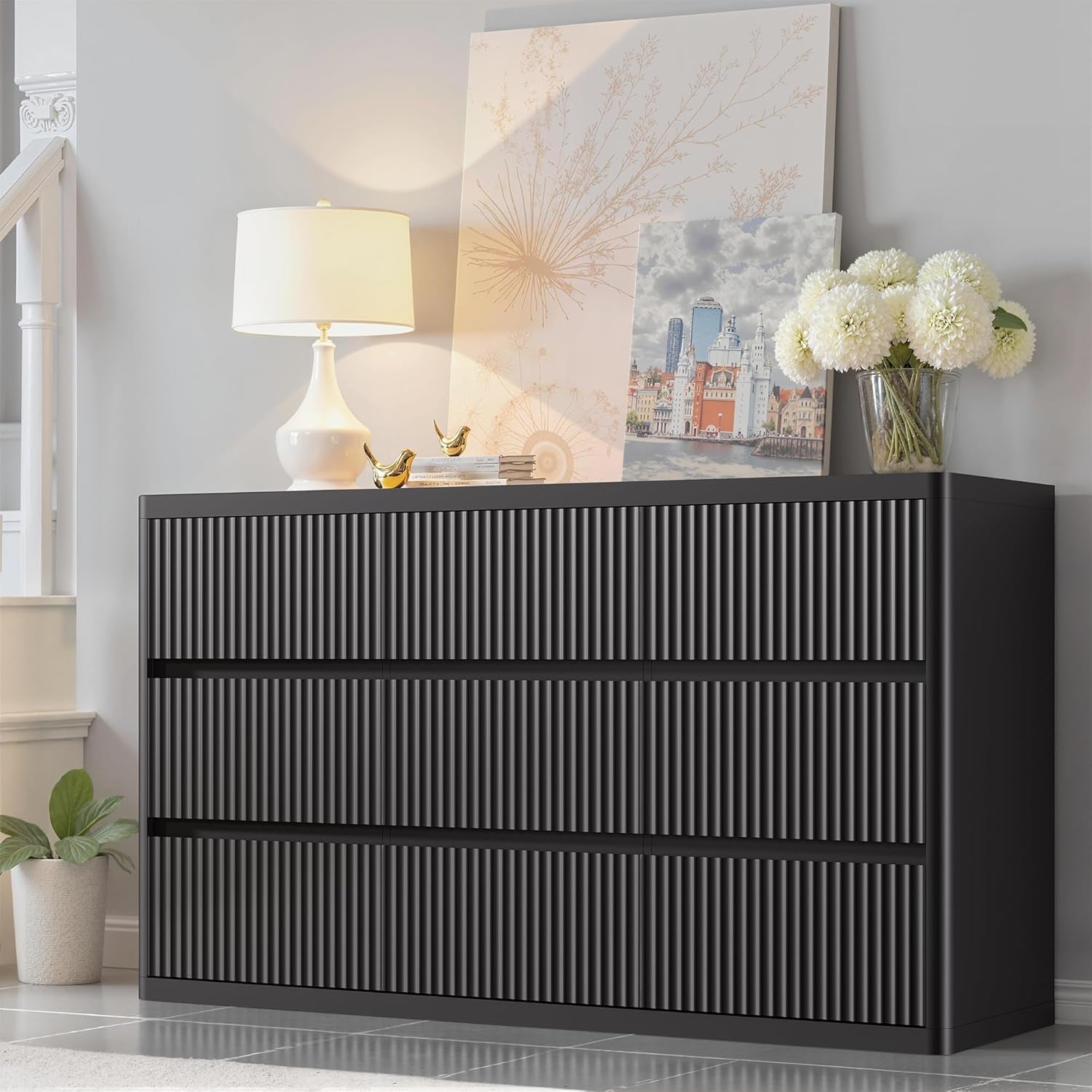 Black FiftySevenInches Nine Drawer Handleless Modern Dresser-3