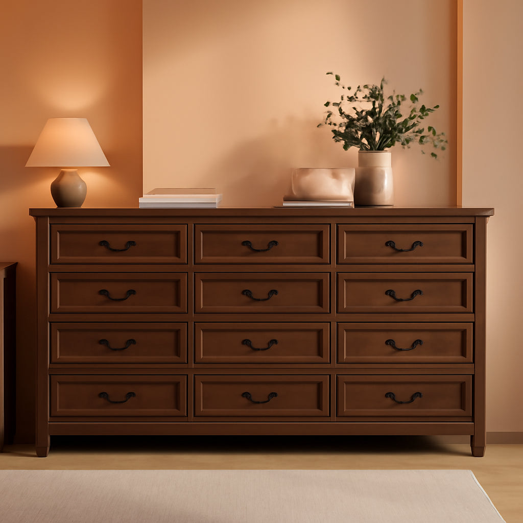 Farmhouse Dresser 12Drawer 63Inch Brown Storage Cabinet-0