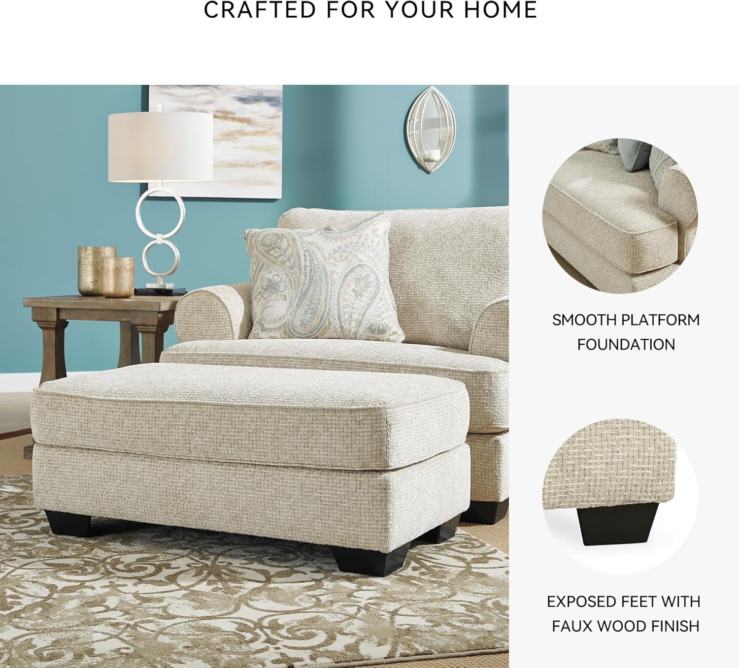 Beige Chenille Upholstered Ottoman With Cushioned Comfort-4