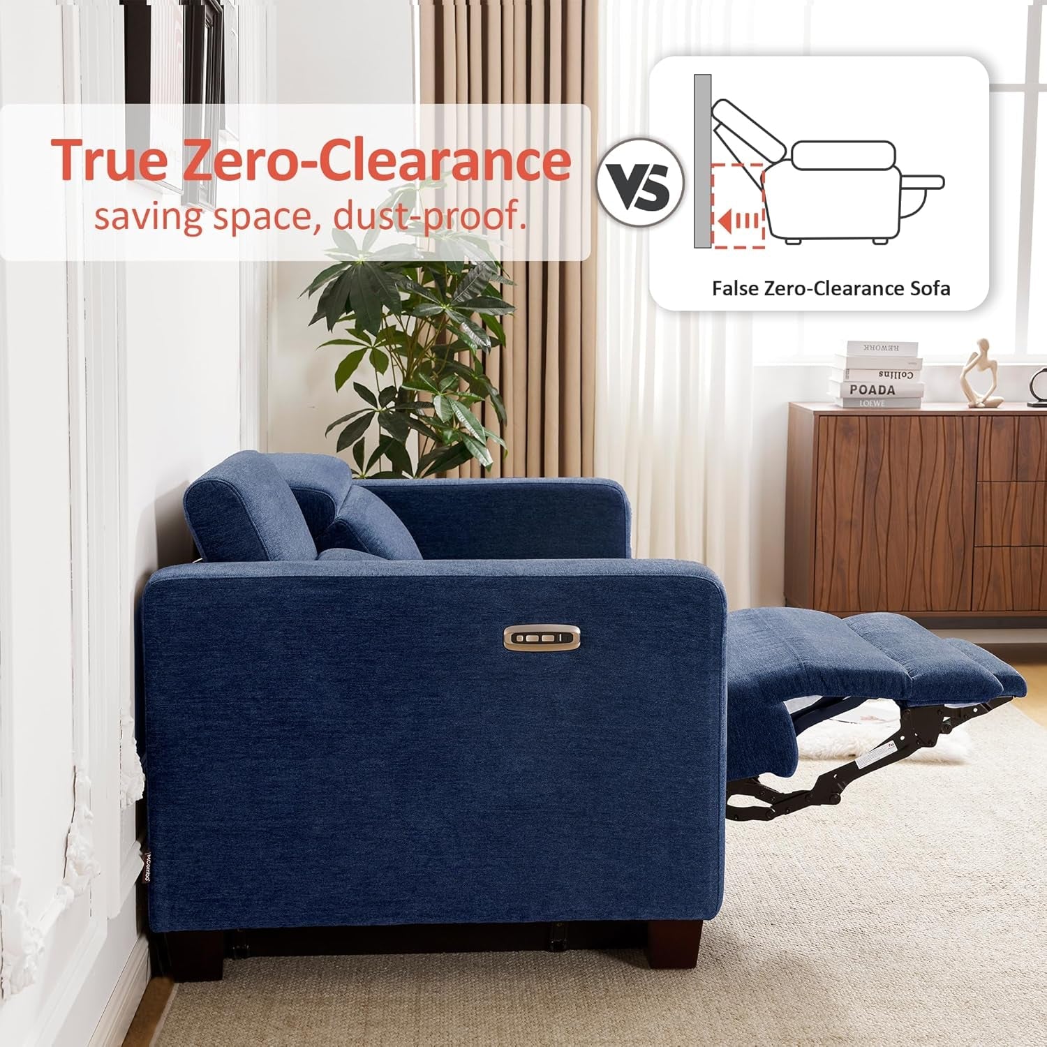 Navy Blue Zero Wall Hugger Power Reclining Sofa USB Ports-3