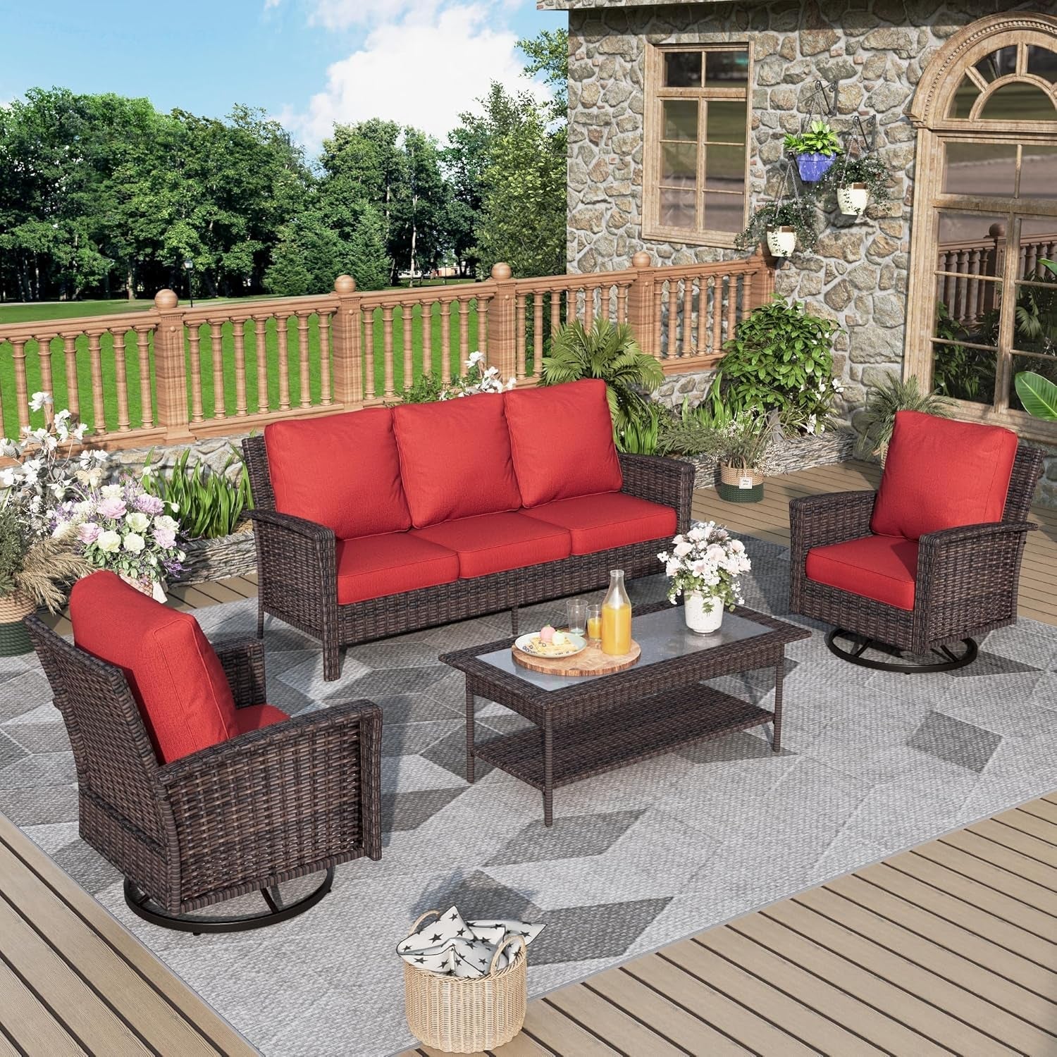 Oversized Wicker Patio Furniture Set with Swivel Chairs-0