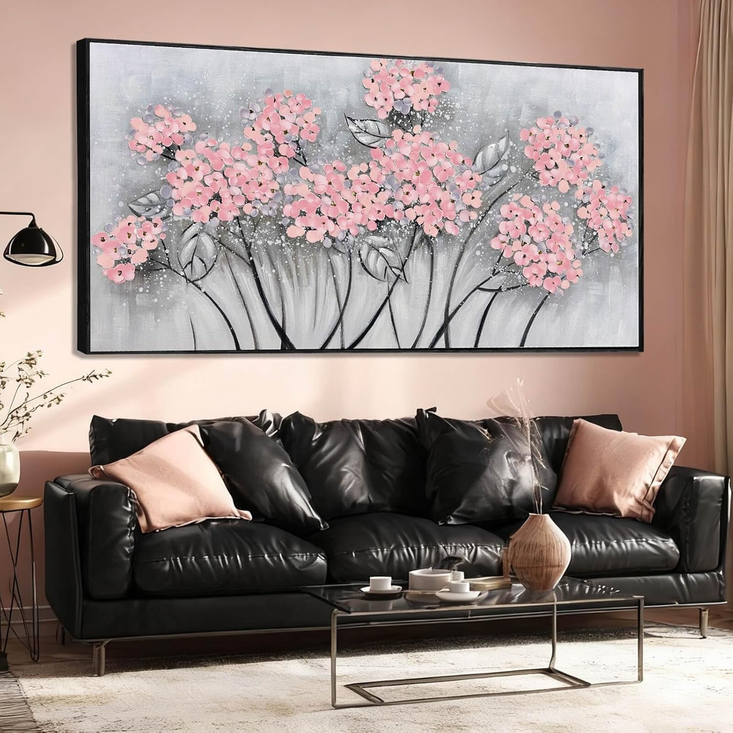 Pink Floral Wall Art Canvas 32x70 Inch Luxurious Decorative-0
