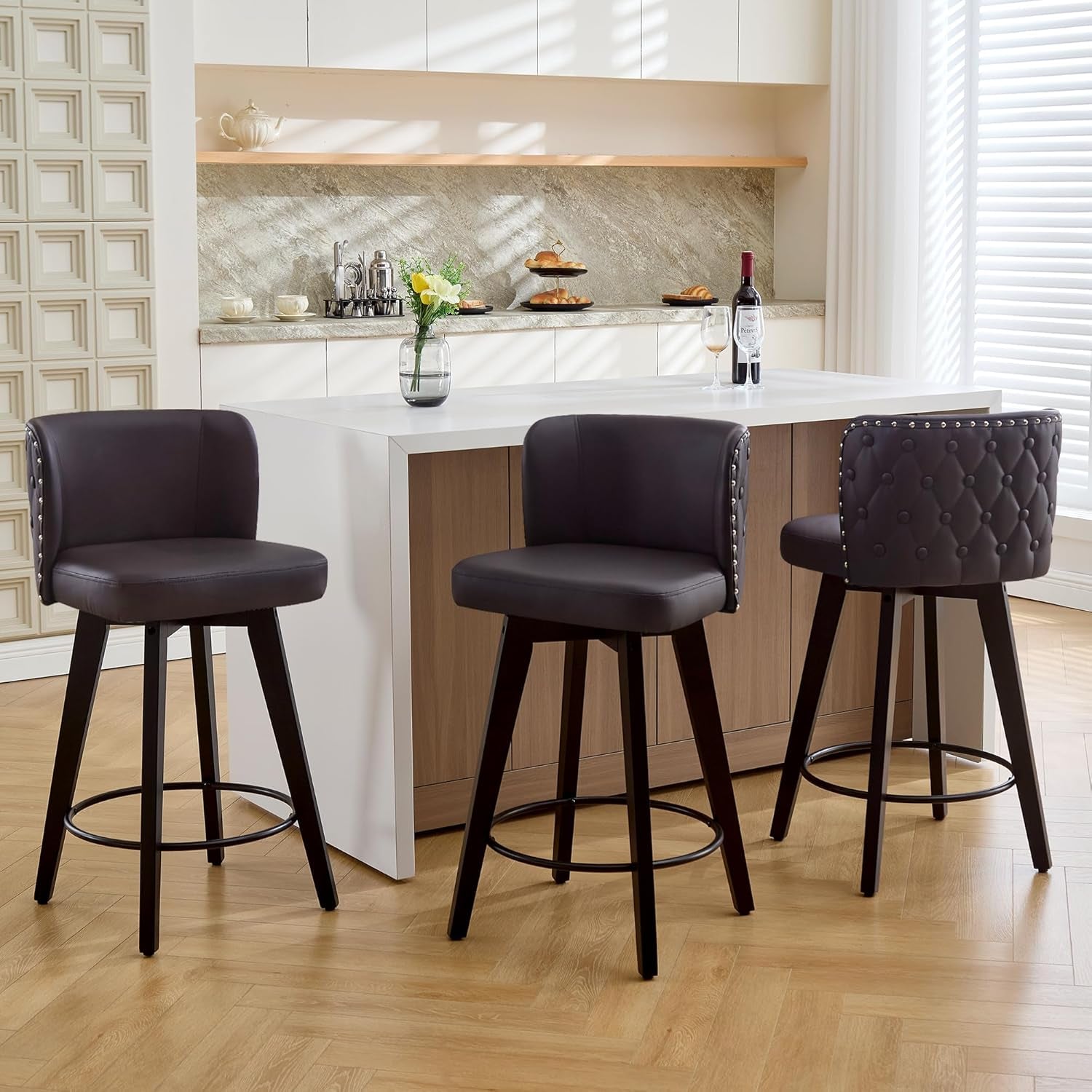Swivel Bar Stool Set of 3, Faux Leather Low Back Counter Height Bar Stools, 27.5" Upholstered Tufted Counter Barstools with Wood Legs for Kitchen Island, Home Bar (Brown)