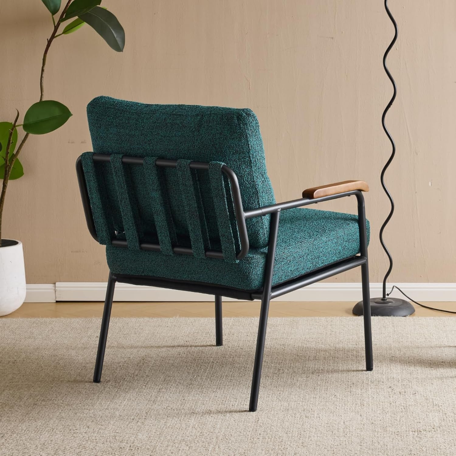 Green Linen Accent Armchair With Metal Frame Mid Century-2