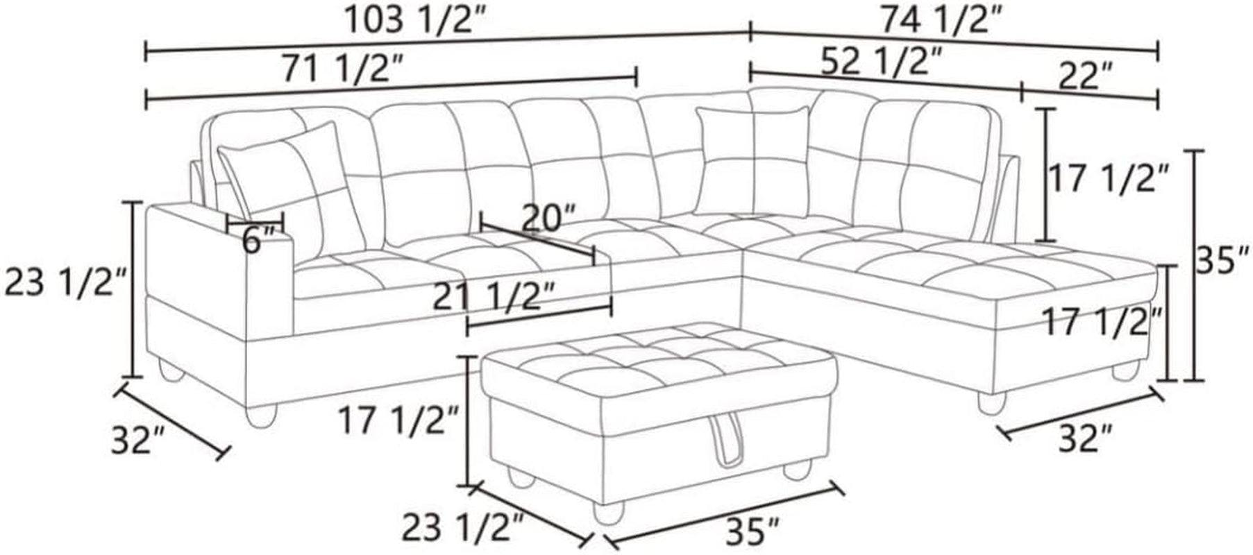 L-Shaped 3-Piece Flannel Sofa with Storage Ottoman Set, Sectional Couch Sofa Set for Living Room, Office, Small Space, Light Grey-2