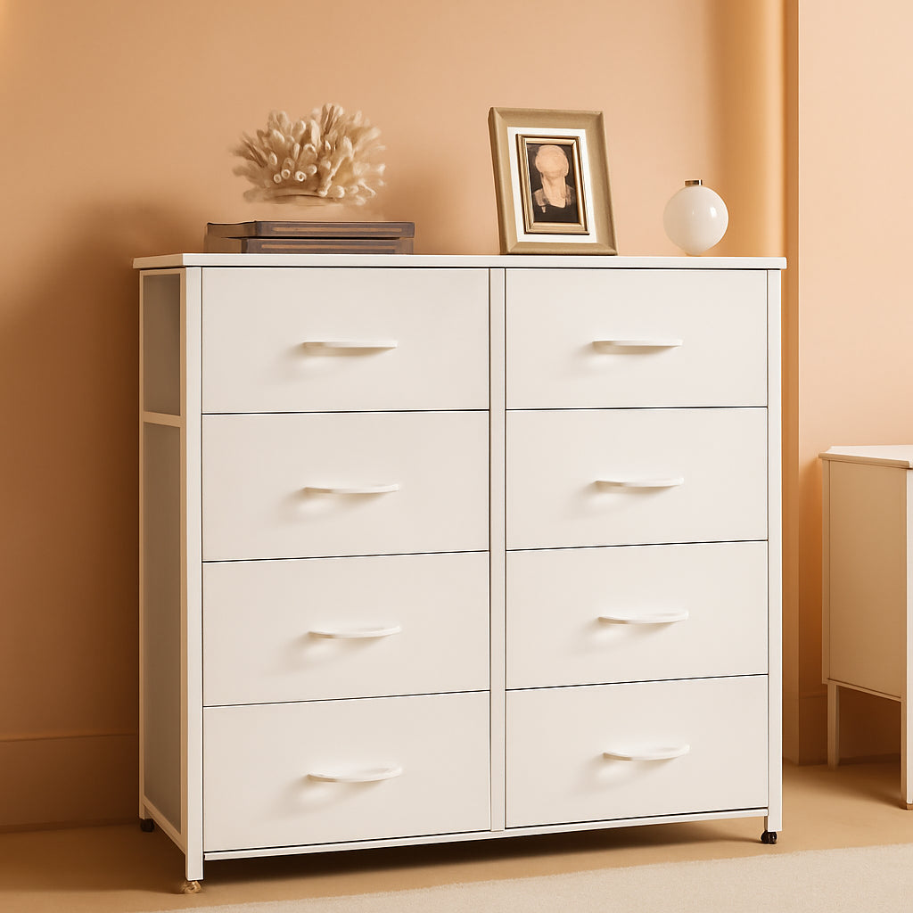 White Fabric Dresser With 6 Drawers And Fabric Bins-0