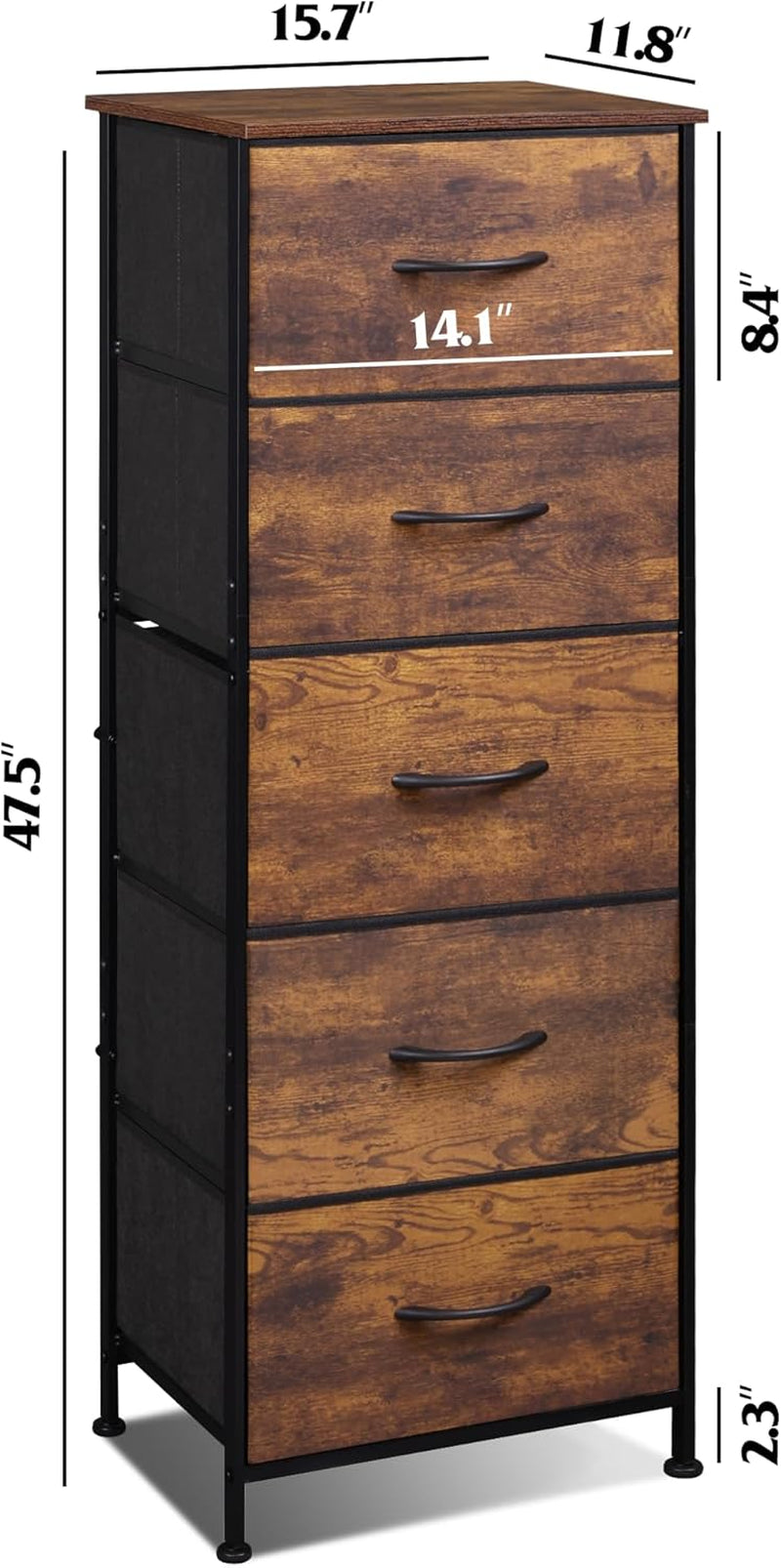 5 Drawer Tall Fabric Dresser With Wood Top And Fabric Bins-2