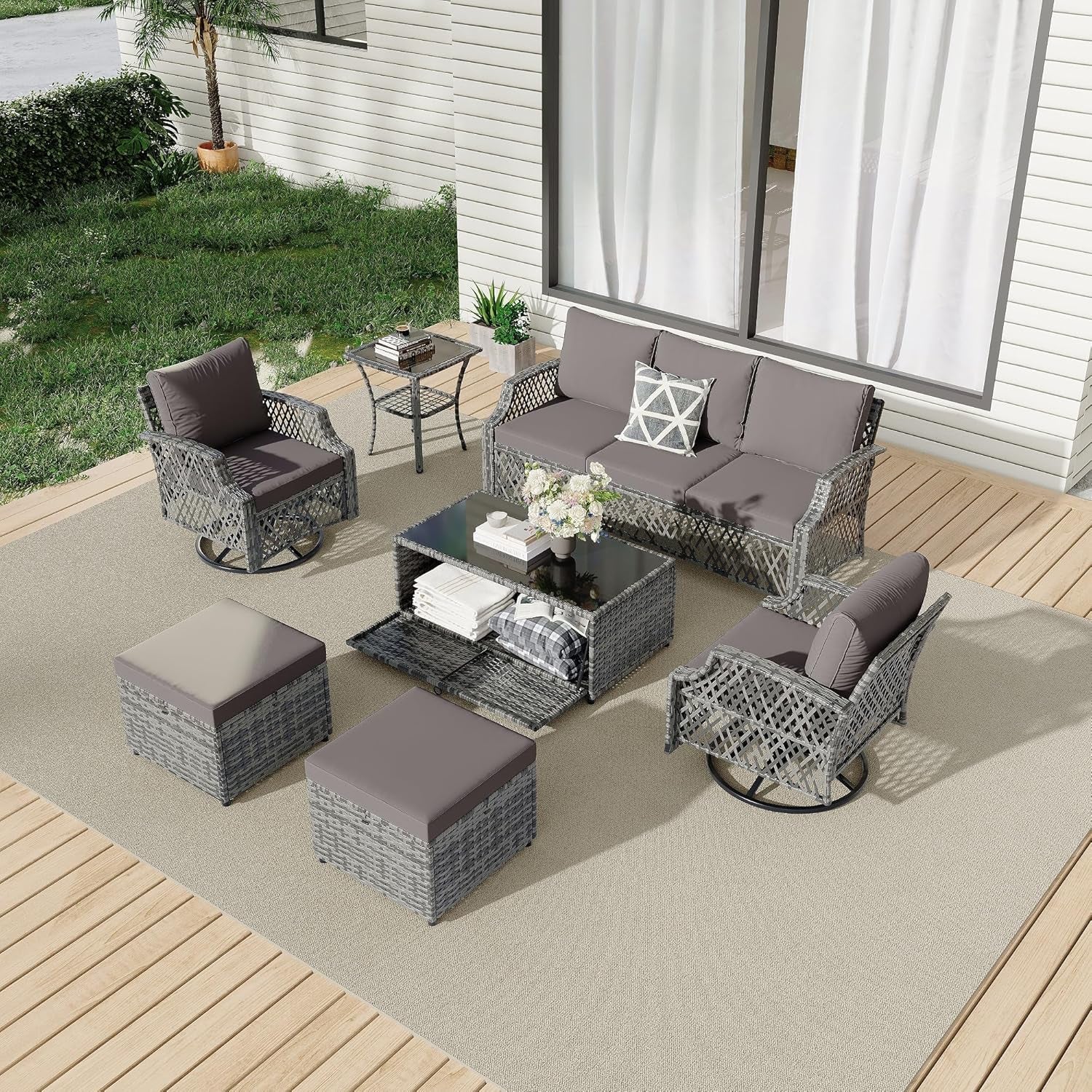 7 Piece Wicker Patio Furniture Set with Storage Coffee Table-0