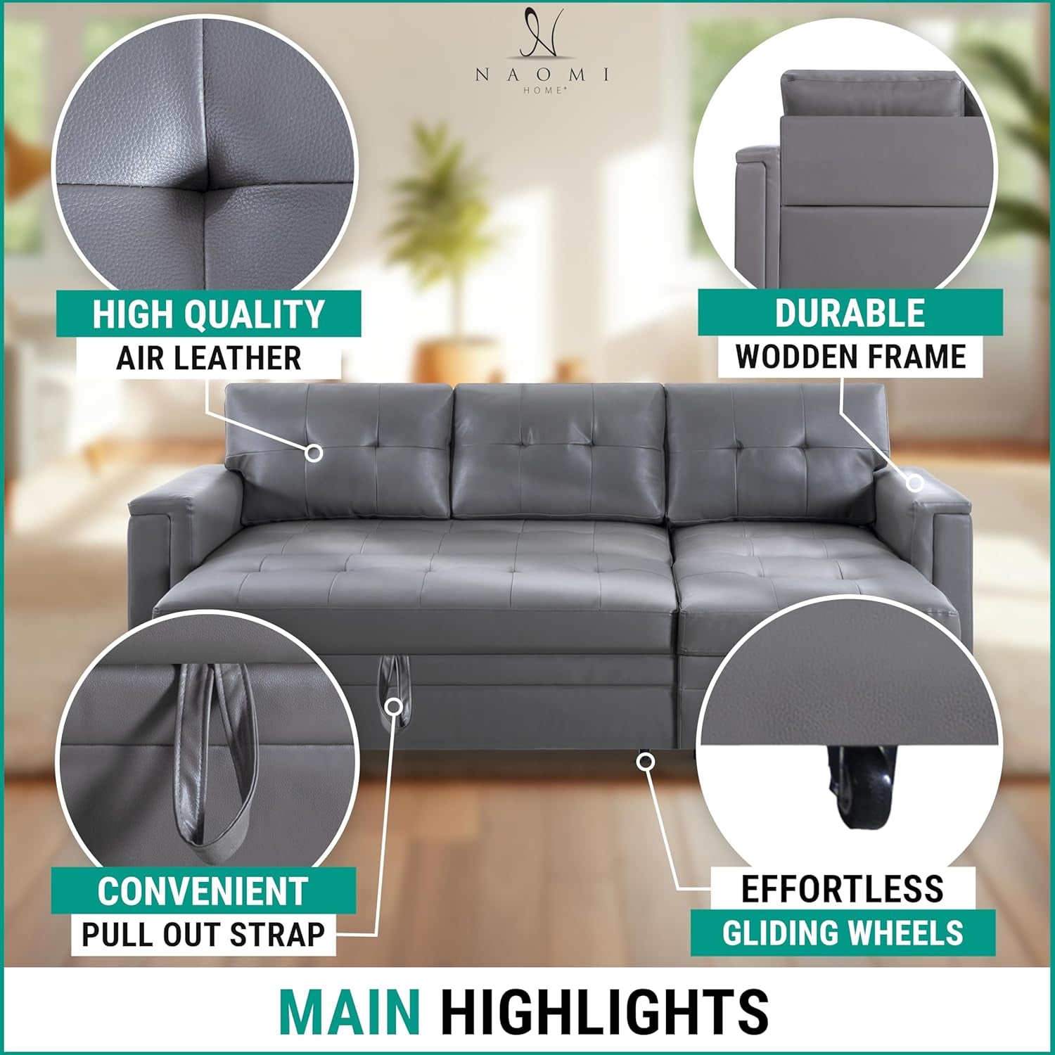 L Shaped Sectional Sleeper Sofa With USB Ports Gray Leather-3