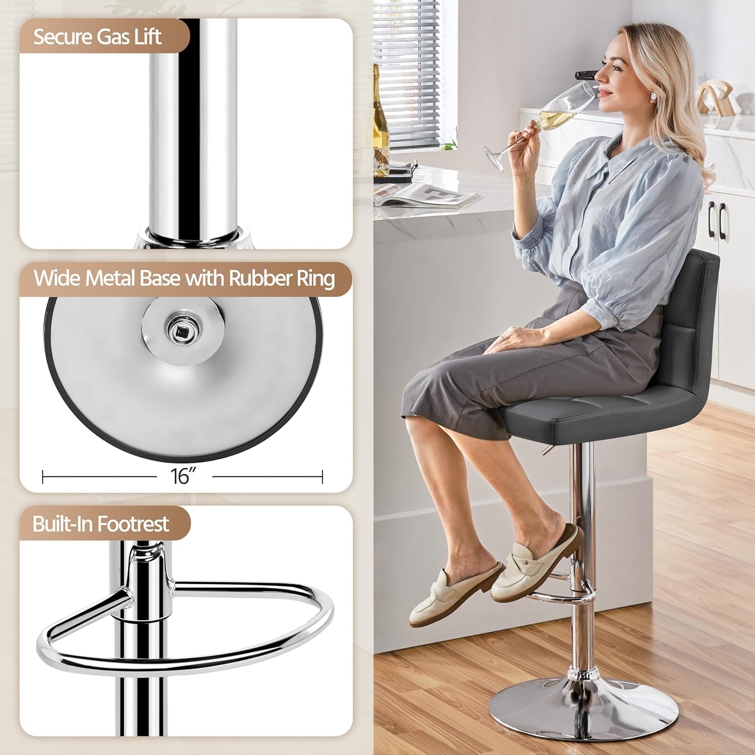 Bar Stools Set of 2, PU Leather Swivel Backrest, Gray-4