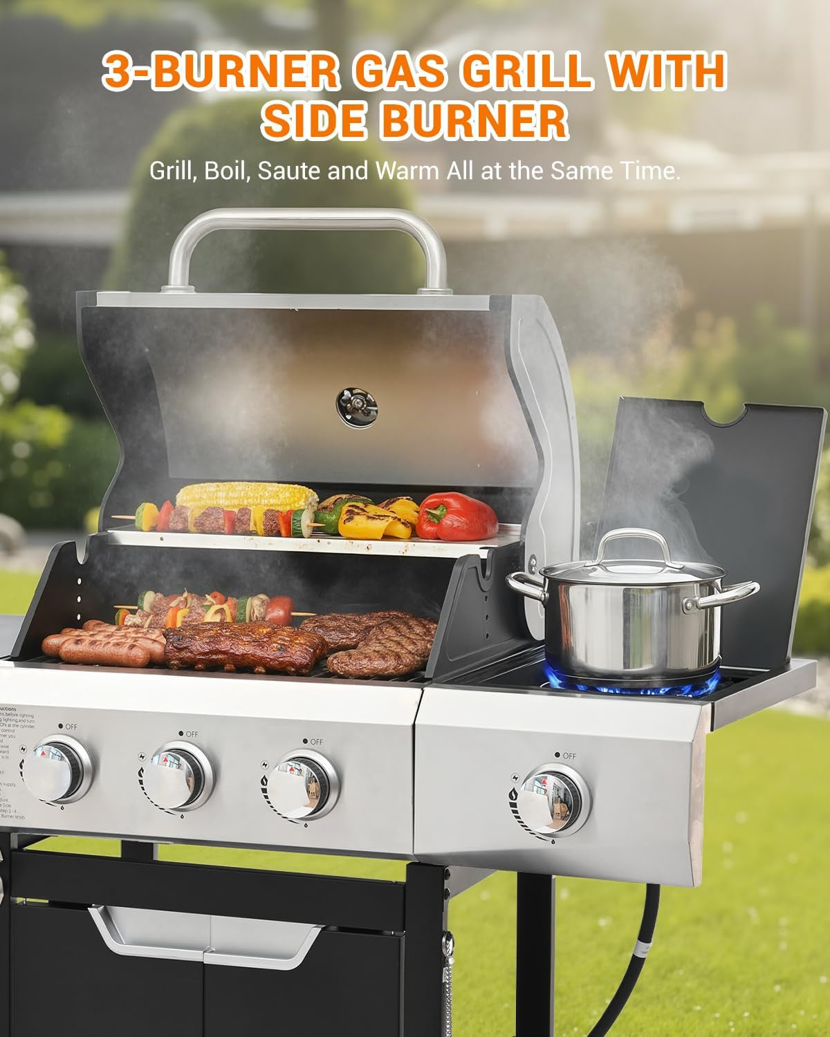40,500 BTU 3-Burner Propane Grill With Side-Burner