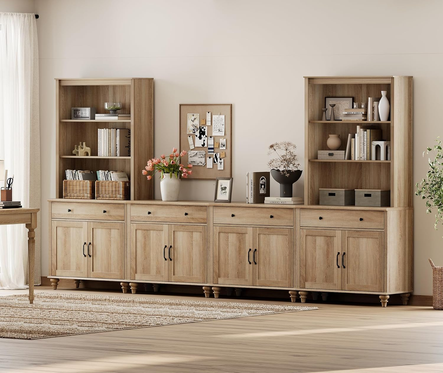 Entertainment Center with Bookshelves for Tvs up to 75", Farmhouse Wall Unit TV Stand with 8 Doors & 4 Drawer, Media Console Table for Living Room, Bedroom & Home Theater, Oak-4