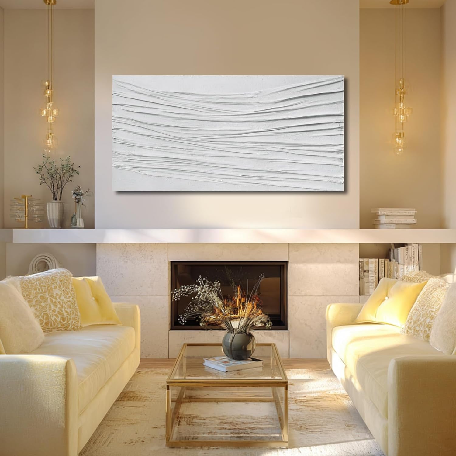 White Textured Abstract Canvas Wall Art 24x48 Inches-3