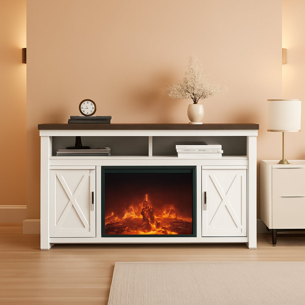58" White Farmhouse Fireplace TV Stand for 65" TV-0