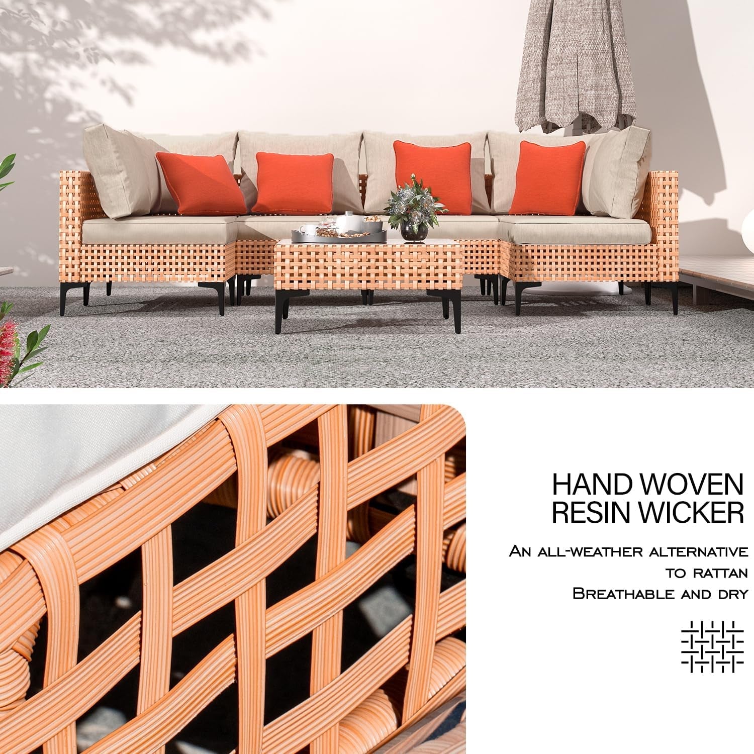 5 Piece Outdoor Patio Set Salmon Orange Wicker Sectional-1