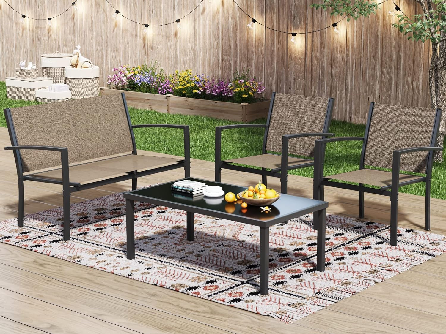 4 Piece Patio Furniture Set With Glass Coffee Table Brown-2