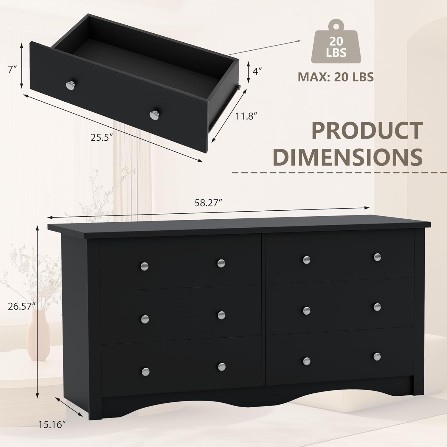 Black Dresser With Six Deep Drawers StorageSolution-1