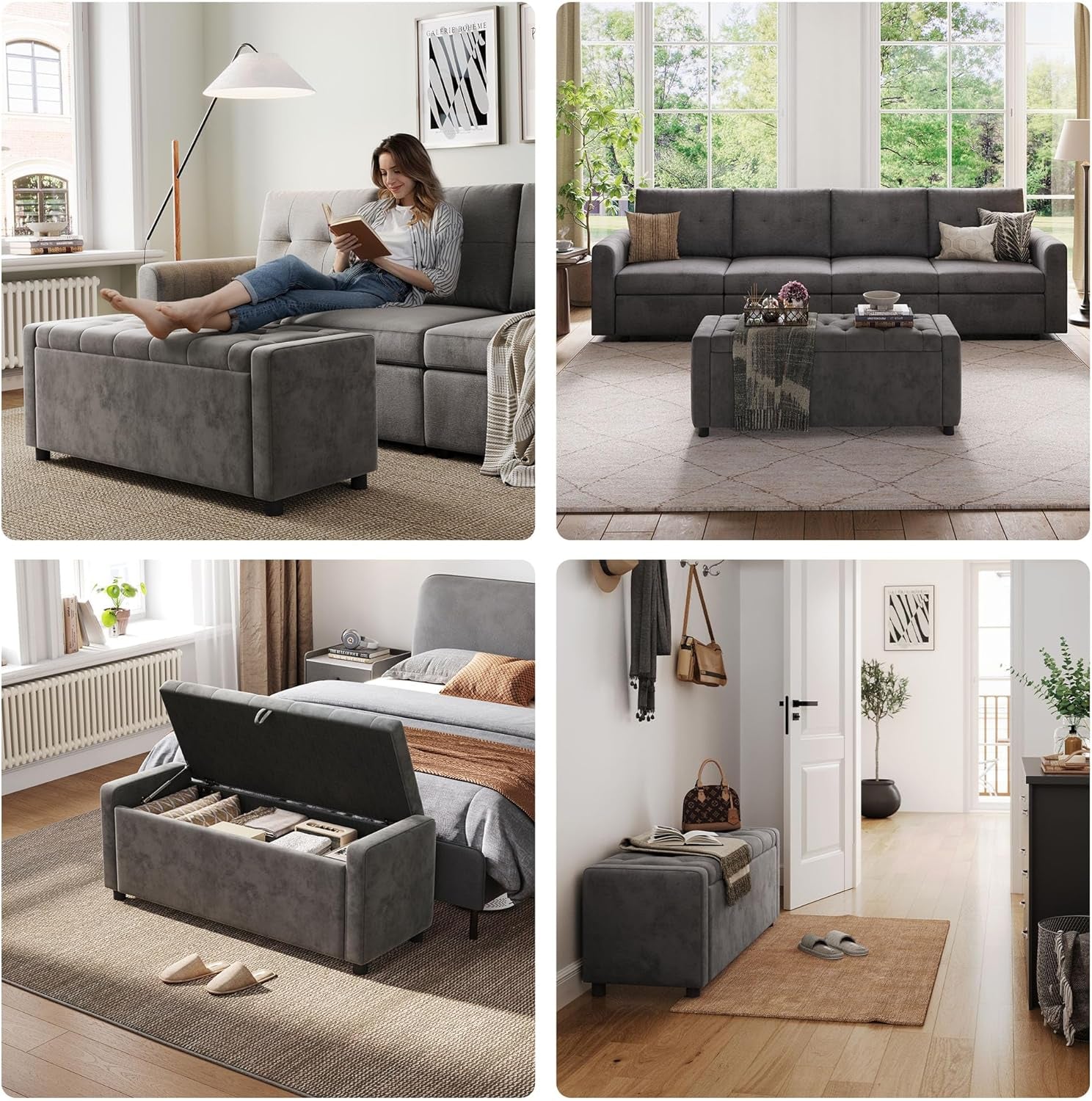 50 Inch Grey Luxurious Upholstered Storage Ottoman-4
