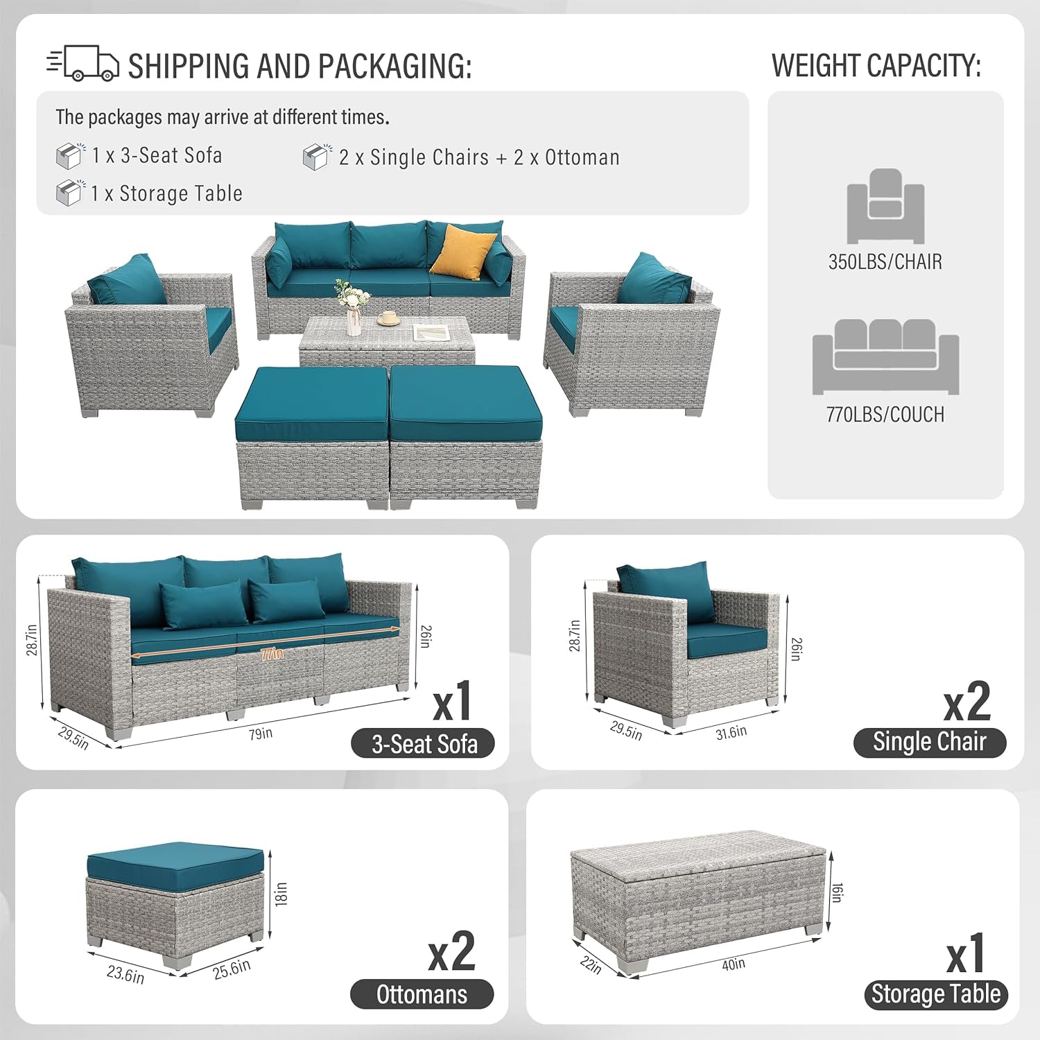 Patio Furniture Set 6 Piece Outdoor Grey Wicker With Peacock Blue Cushions-3