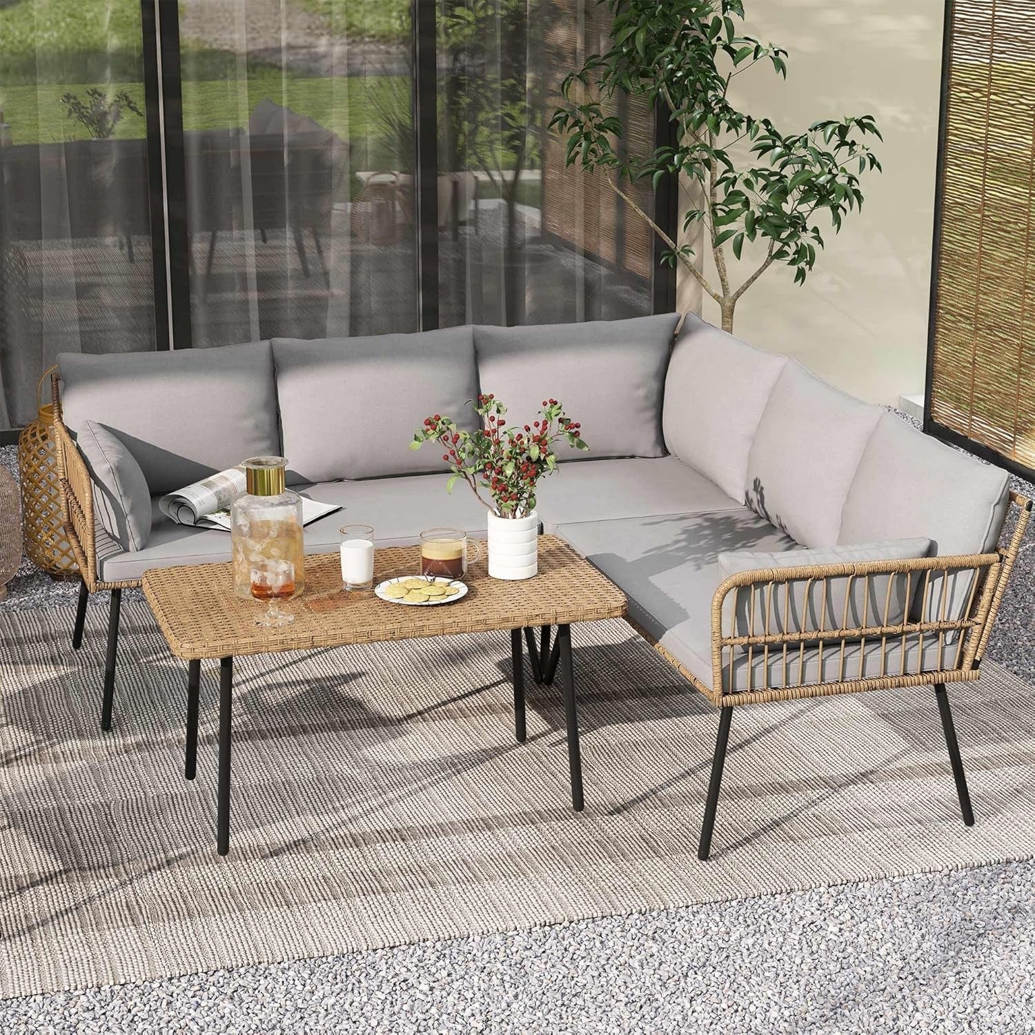Patio Furniture Set 4 Piece Wicker Outdoor Grey Sectional-1