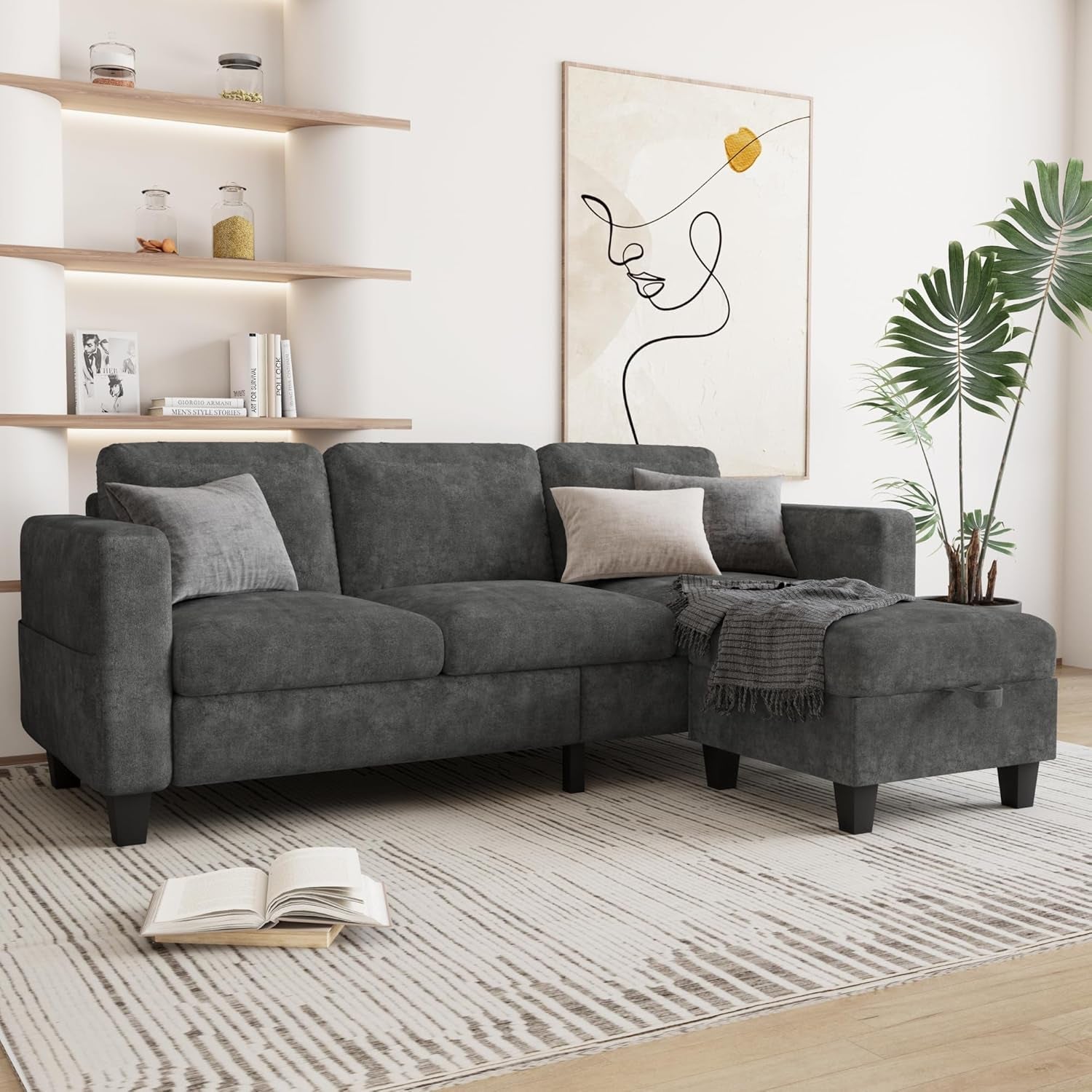 Couch for Living Room - Small Space Couches Sectional L-Shaped Sofa, 3 Seat Modern Couch, Sofas Convertible with Storage Ottoman for Small Space, Bedroom, Offices and Apartments - Grey-0