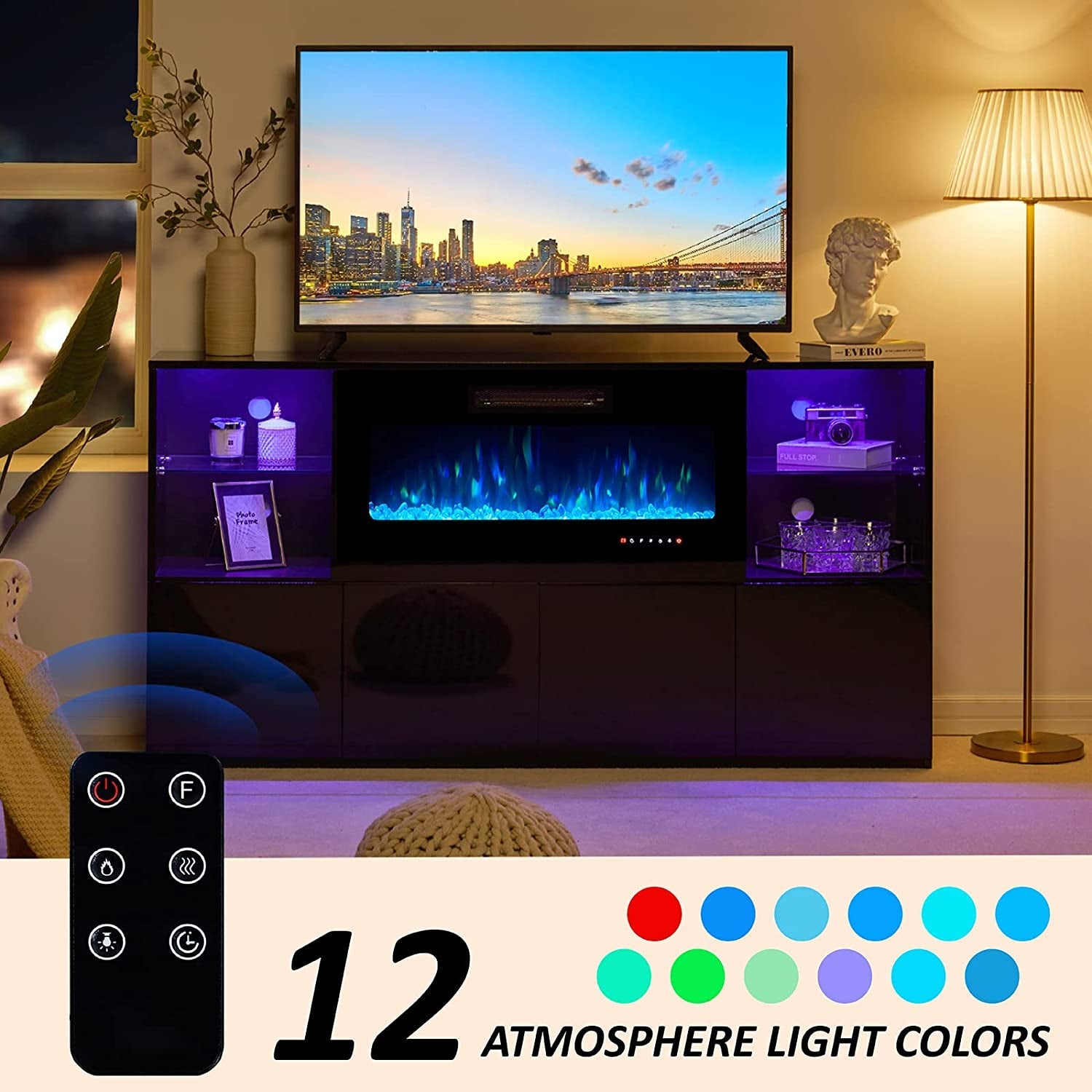 Modern TV Stand with Electric Fireplace and LED Lights-4