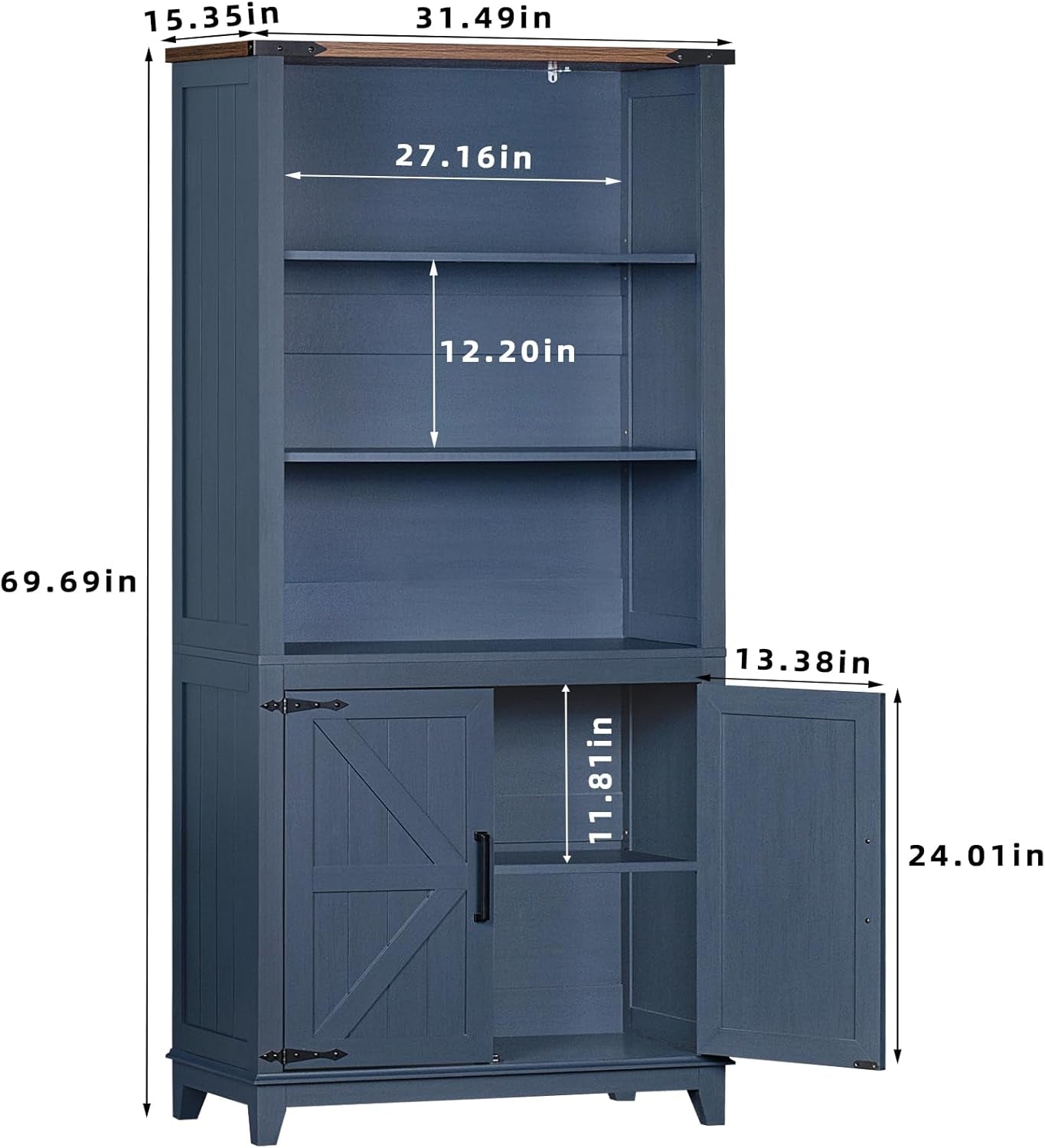 Blue 70In Tall Farmhouse Bookcase Adjustable Shelves-1