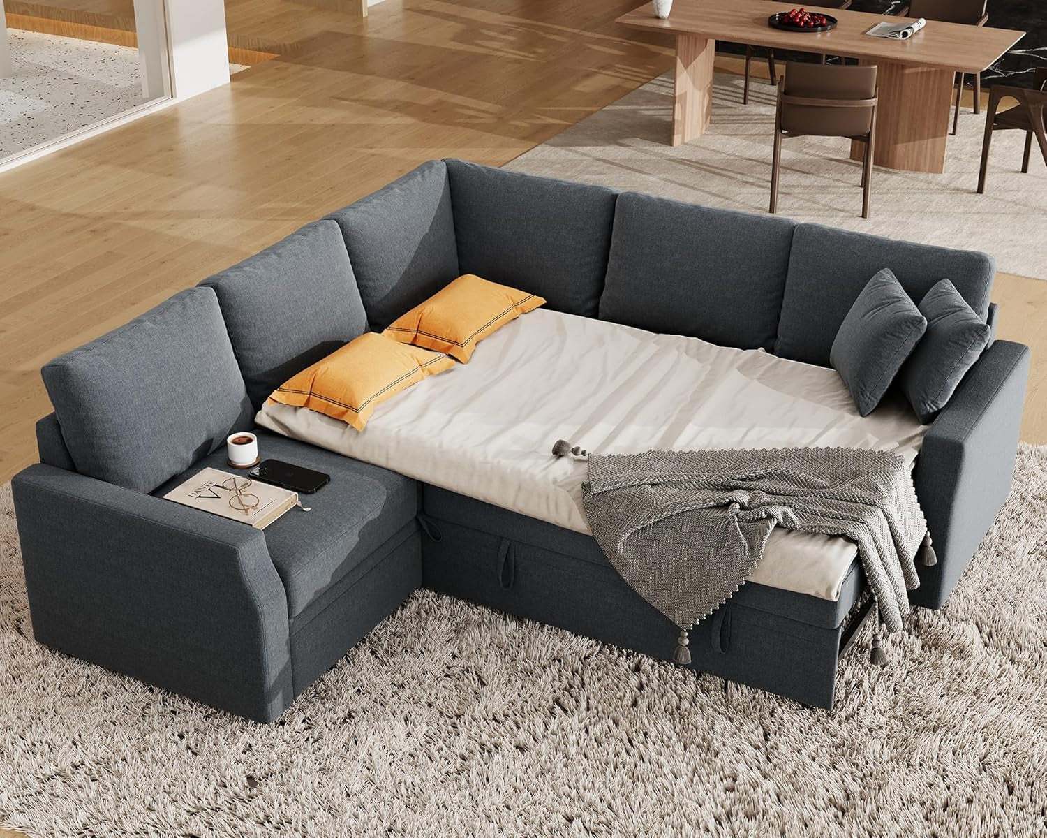 Grey L Shaped Sectional Sofa Bed 85 Inch With Storage-1