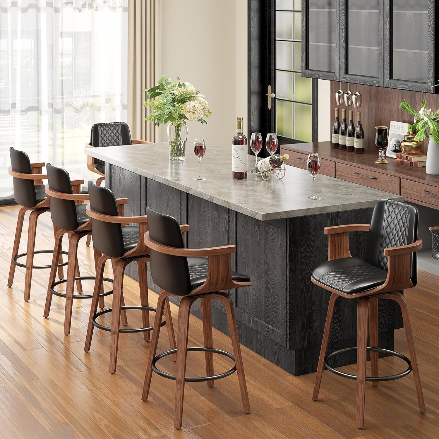 Set Of 3 26 Inch Bar Stools Black PU Leather Upholstery-4
