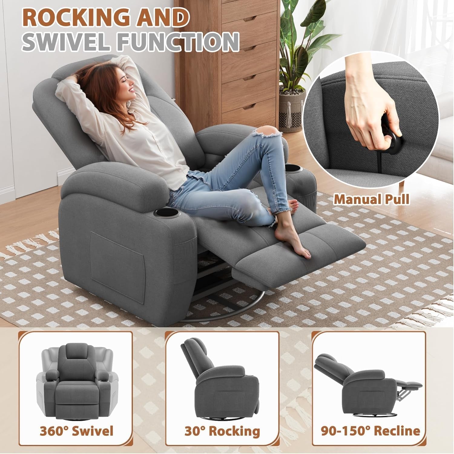 Gray Fabric Swivel Rocker Recliner With Vibration Massage-2