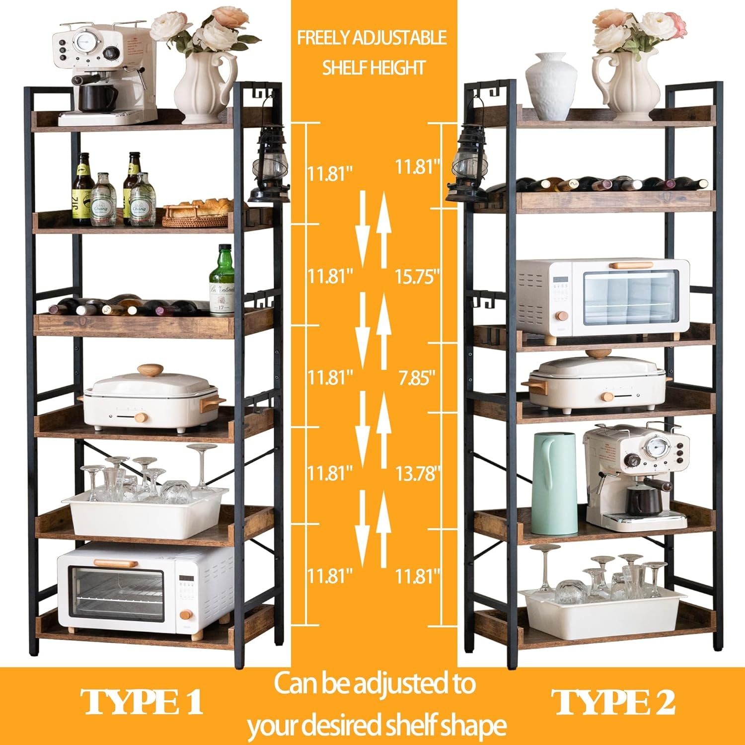 Adjustable 6 Tier Industrial Wood And Black Metal Bookcase-3