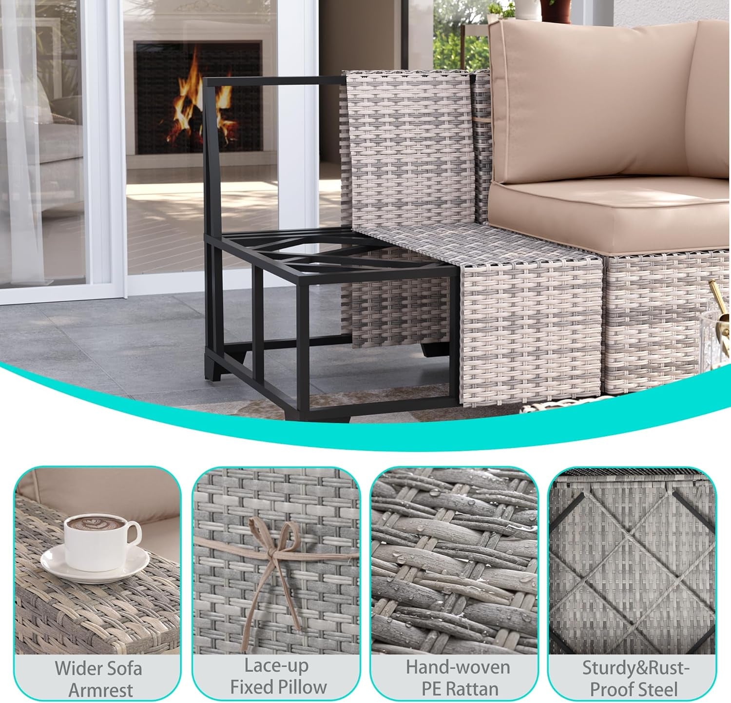 Beige 6 Piece Wicker Patio Sofa Set With Thick Cushions-4