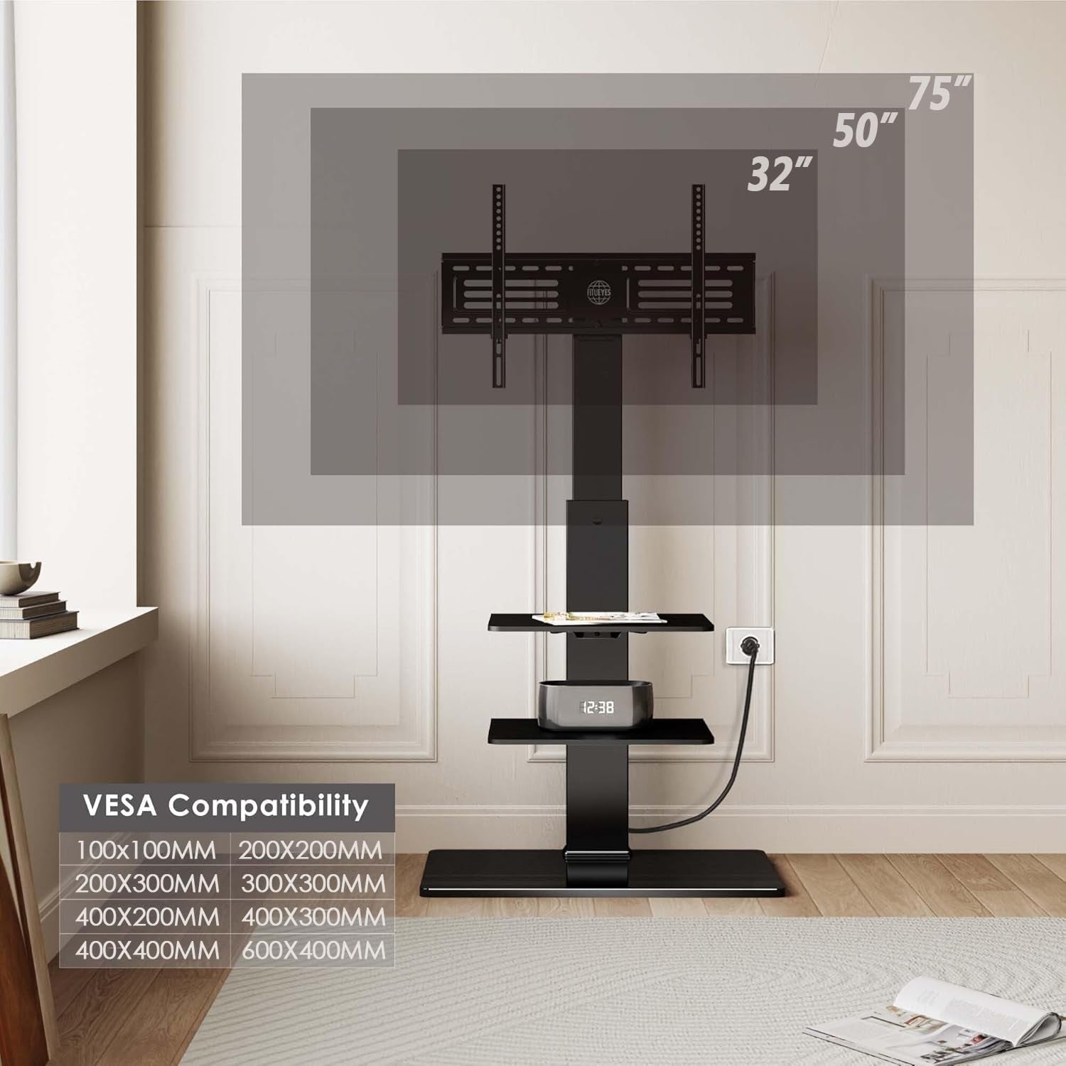 Floor TV Stand with Power Strip for Tvs 32-75 Inch Tvs, Universal TV Stand for Bedroom Living Room with Tempered Glass TV Stand, Swivel TV Stand Holds up to 88Lbs MAX VESA 600X400Mm,Black-4