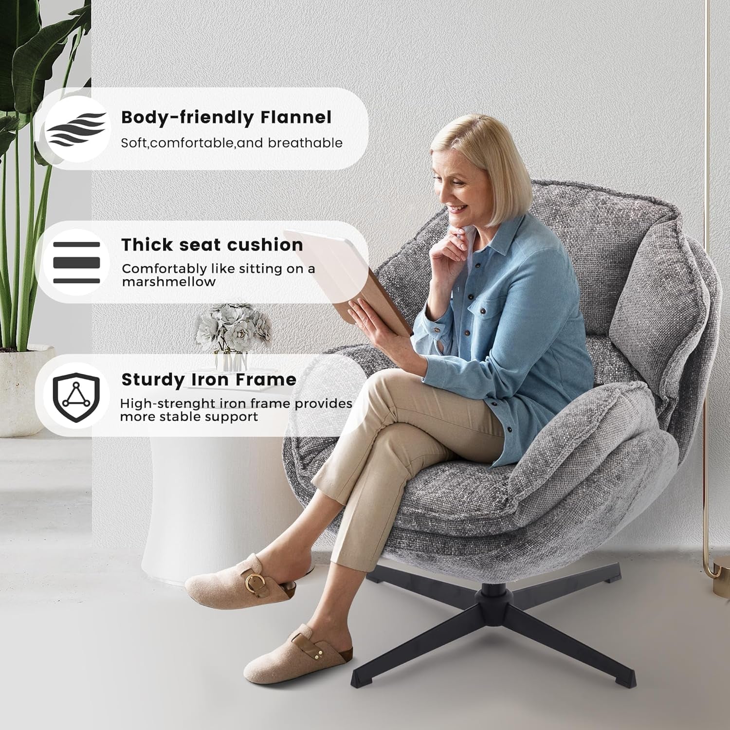 Gray Swivel Upholstered Accent Chair With Metal Legs-2