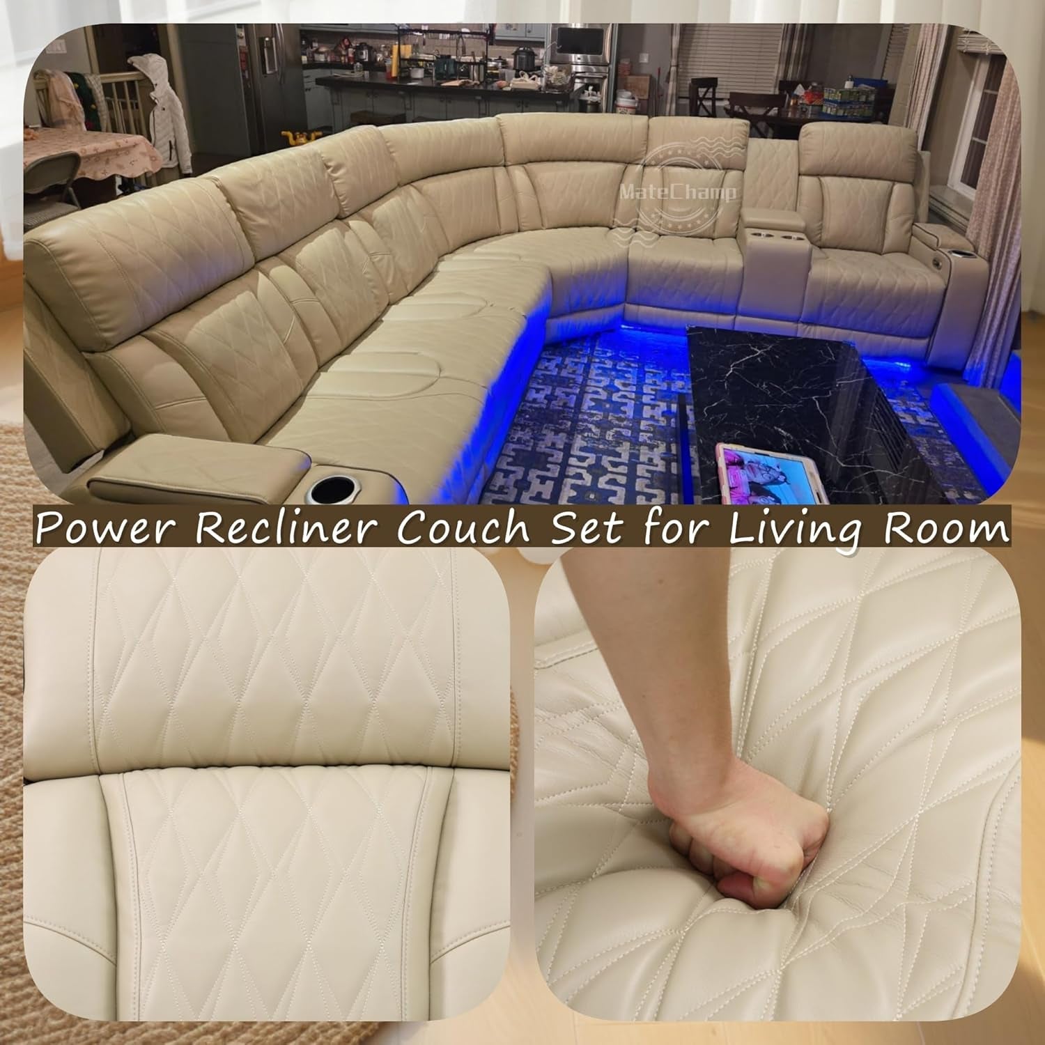 Beige Genuine Leather Power Recliner Sectional LED-3