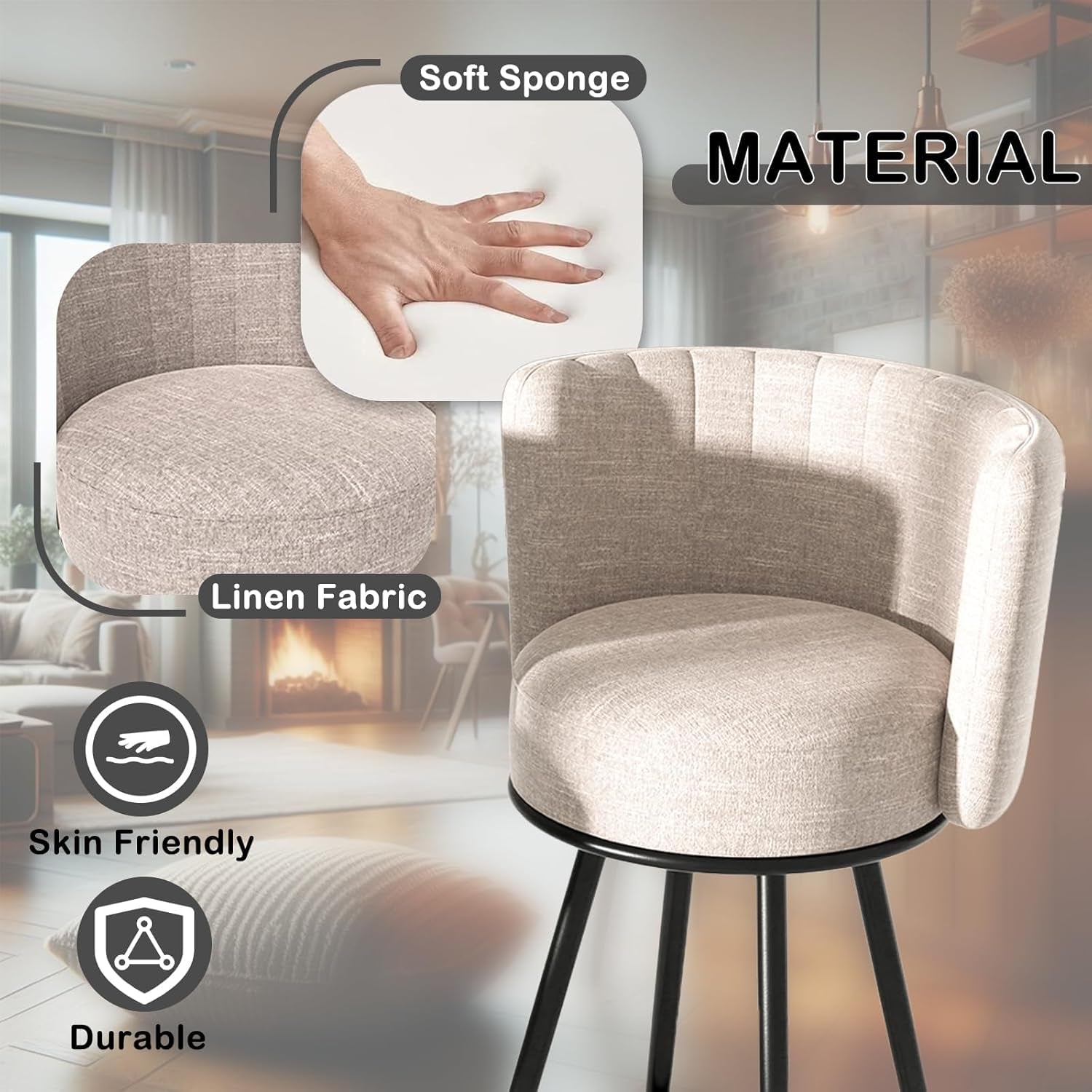 Stylish Swivel Bar Stools Set of Two Beige-2