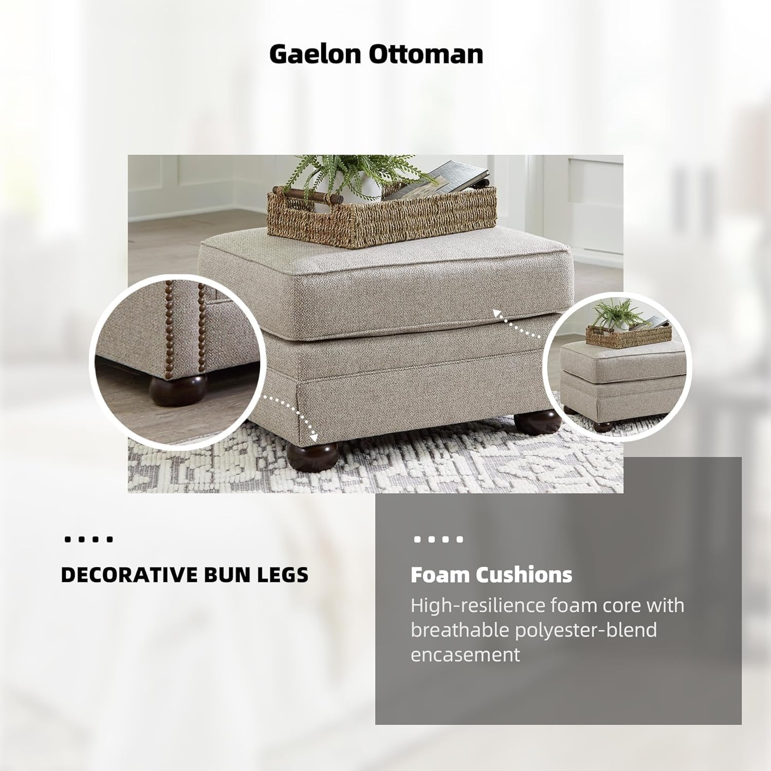 Rectangular Upholstered Ottoman Light Brown Bun Legs-4