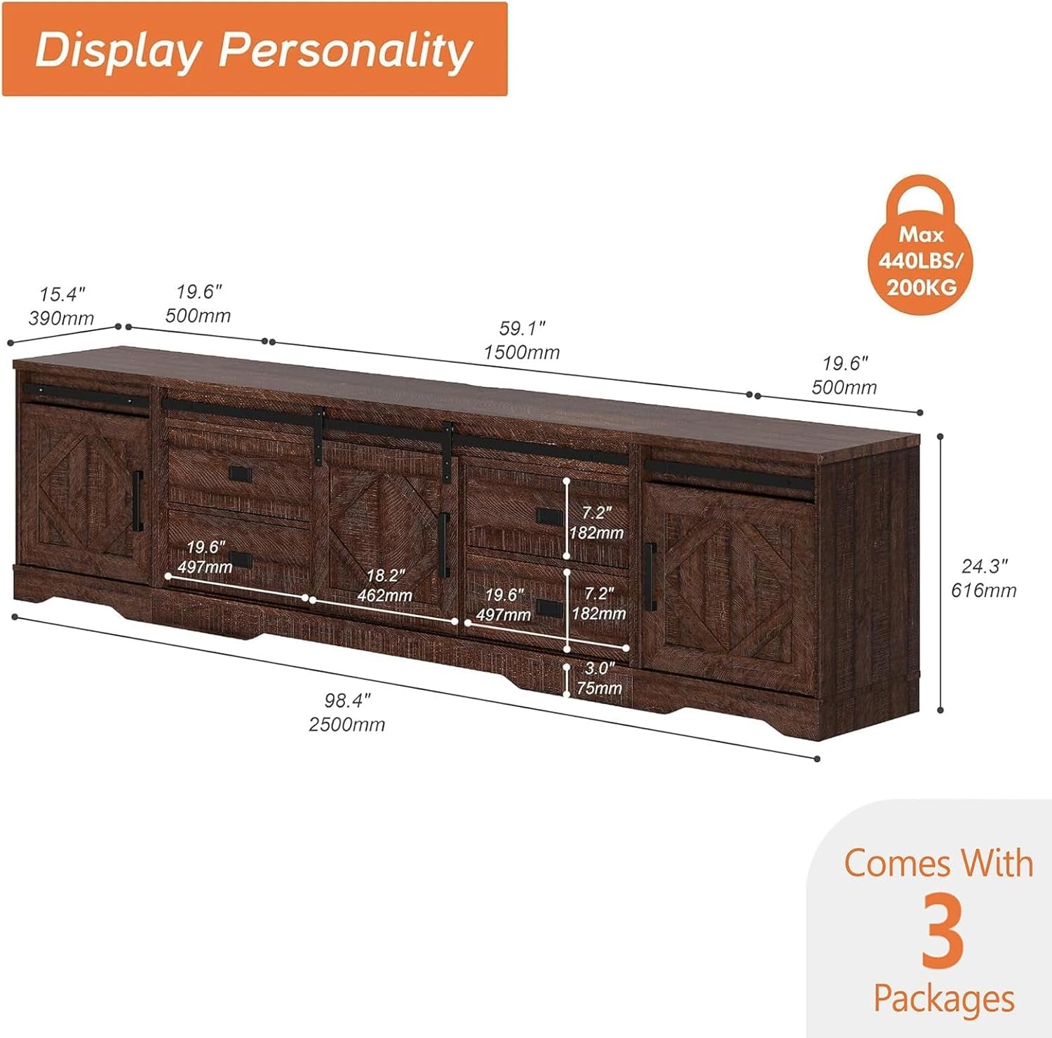 98.4" Wide TV Stand for Tvs up to 110",Faux Bark Finish Wood Entertainment Center with 4 Drawers and Adjustable Shelvs for Living Room,Rustic Brown-1