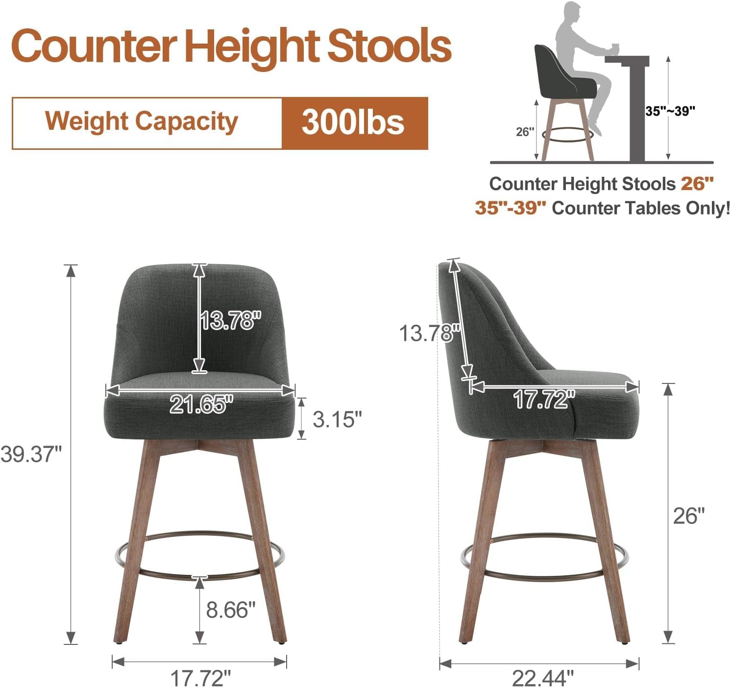 Counter Height Bar Stools Set of 4, Modern Mid-Century Swivel Barstools with Backs and Wood Legs, Linen Fabric Upholstered Bar Chairs, 26" Seat Height Counter Stools for Kitchen Island, Gray-1