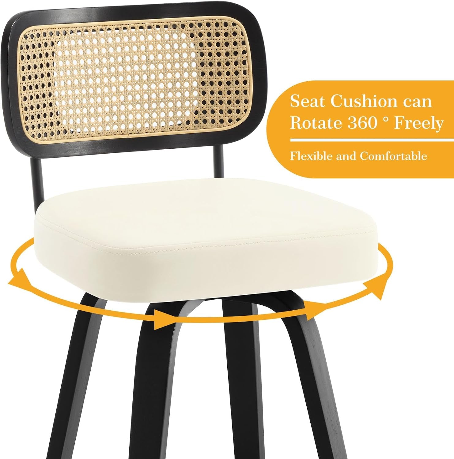 Swivel Counter Height Bar Stools Set of 4, Upholstered Faux Leather Barstools with Rattan Back, 26" Seat Height Bar Chairs Island Stools for Kitchen Counter, Black Wood Frame, Cream White-3