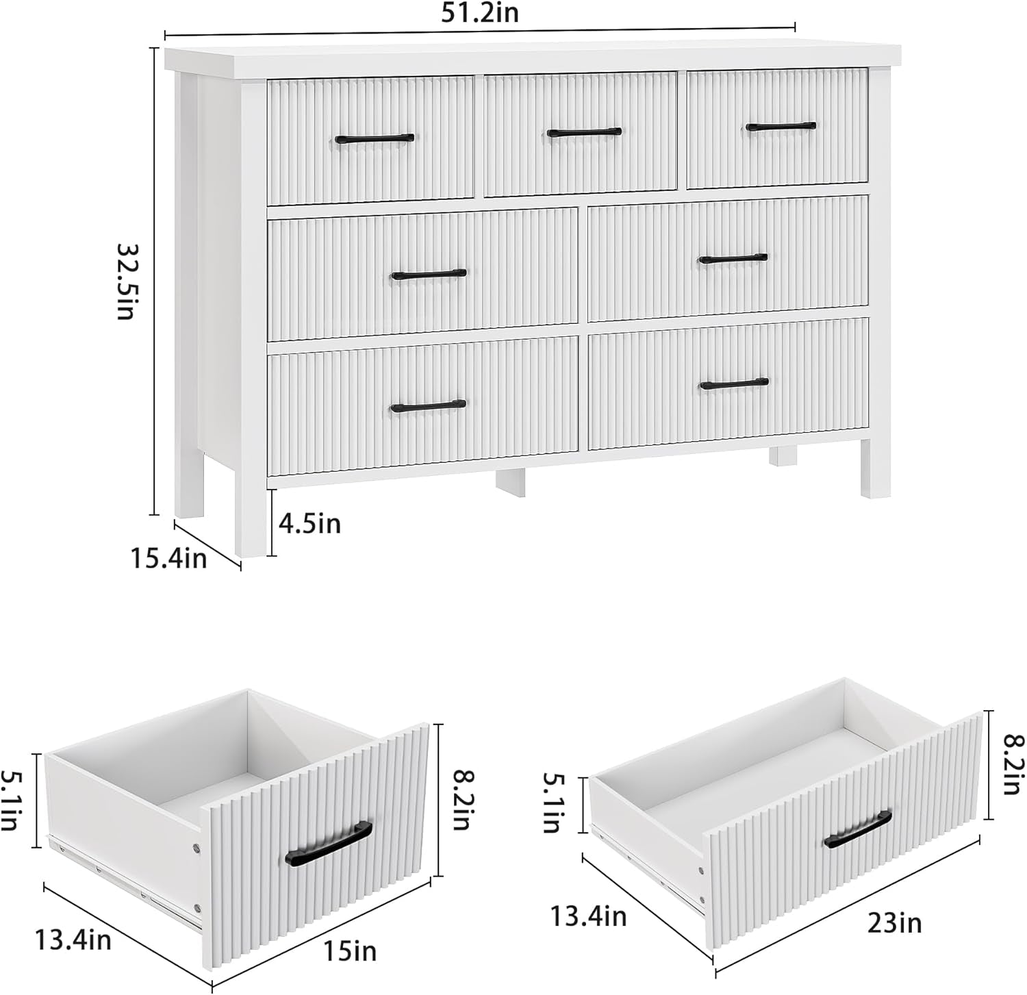 White Dresser 7 Drawer Dresser for Bedroom, Modern Fluted Dresser with Solid Wood Legs, Long Double Wooden Dresser Large Chest of Drawers for Living Room, Entryway, Hallway (White Fluted)-1