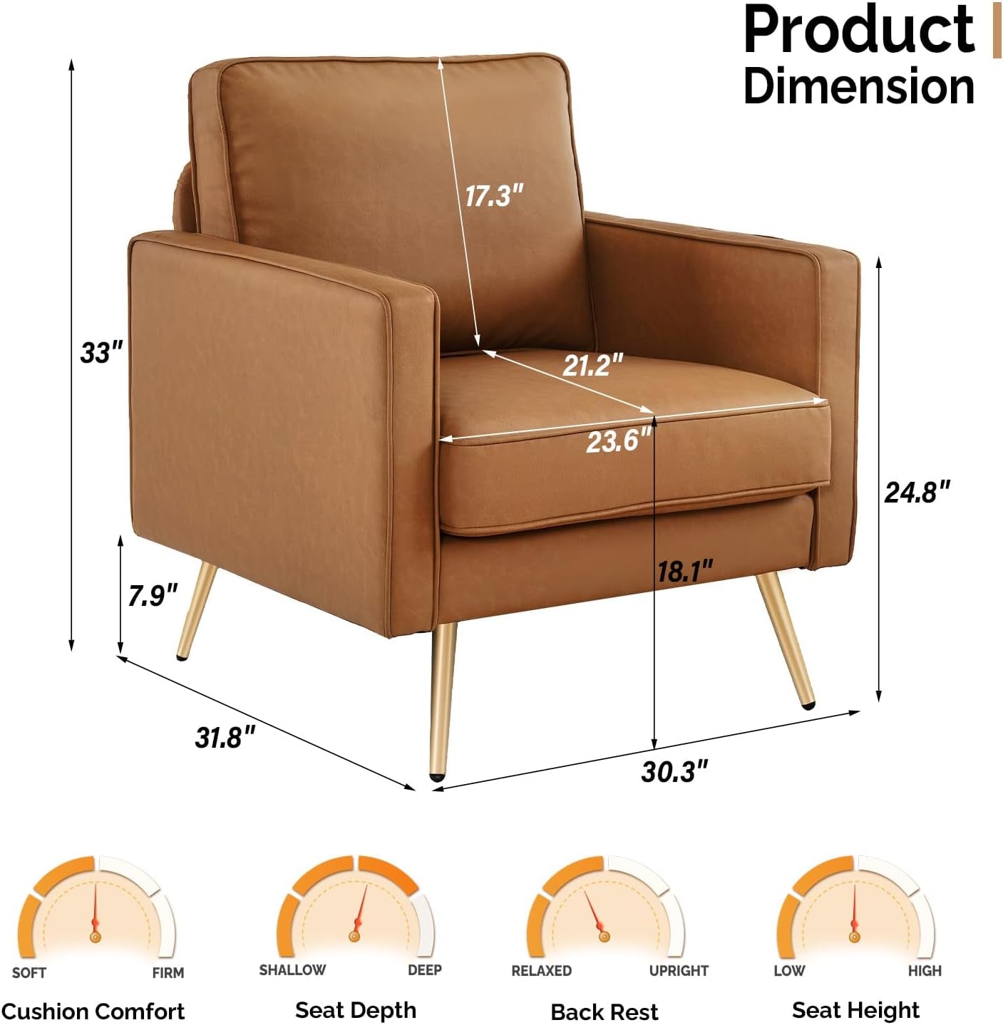 Brown PU Leather Accent Chairs Set Of 2 With Gold Legs-1